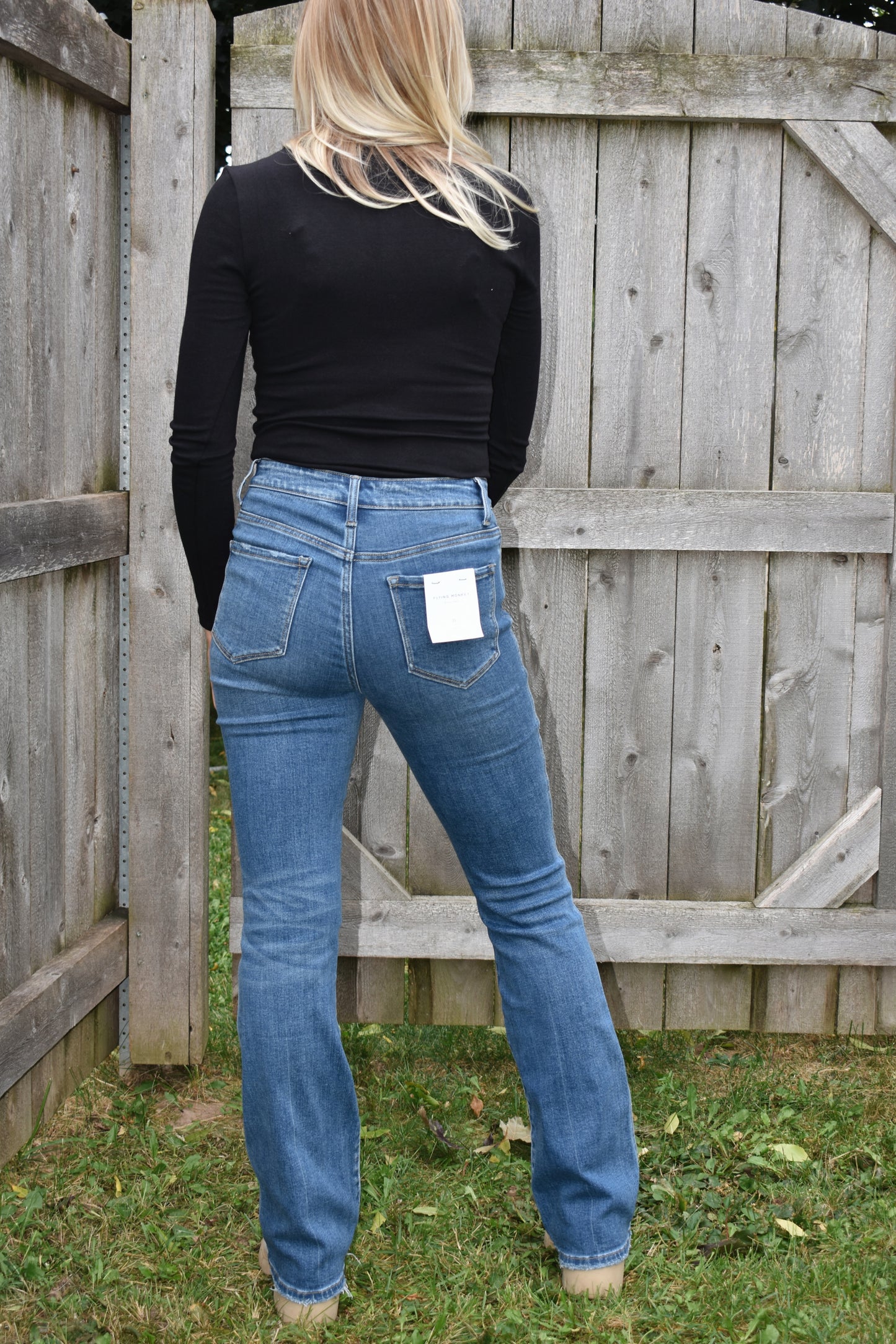 high rise bootcut jeans medium wash no distressing stretch denim flying monkey