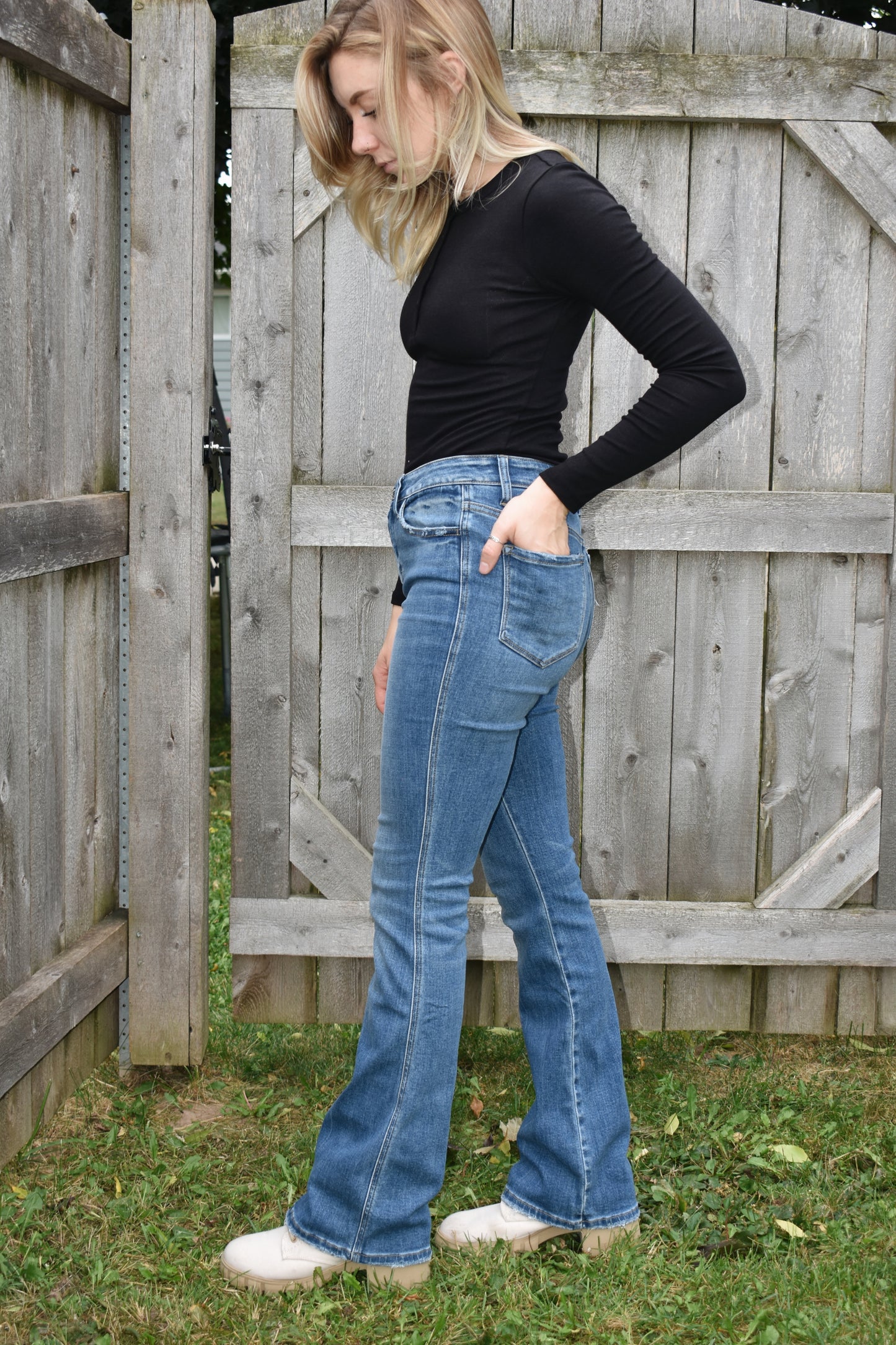 high rise bootcut jeans medium wash no distressing stretch denim flying monkey