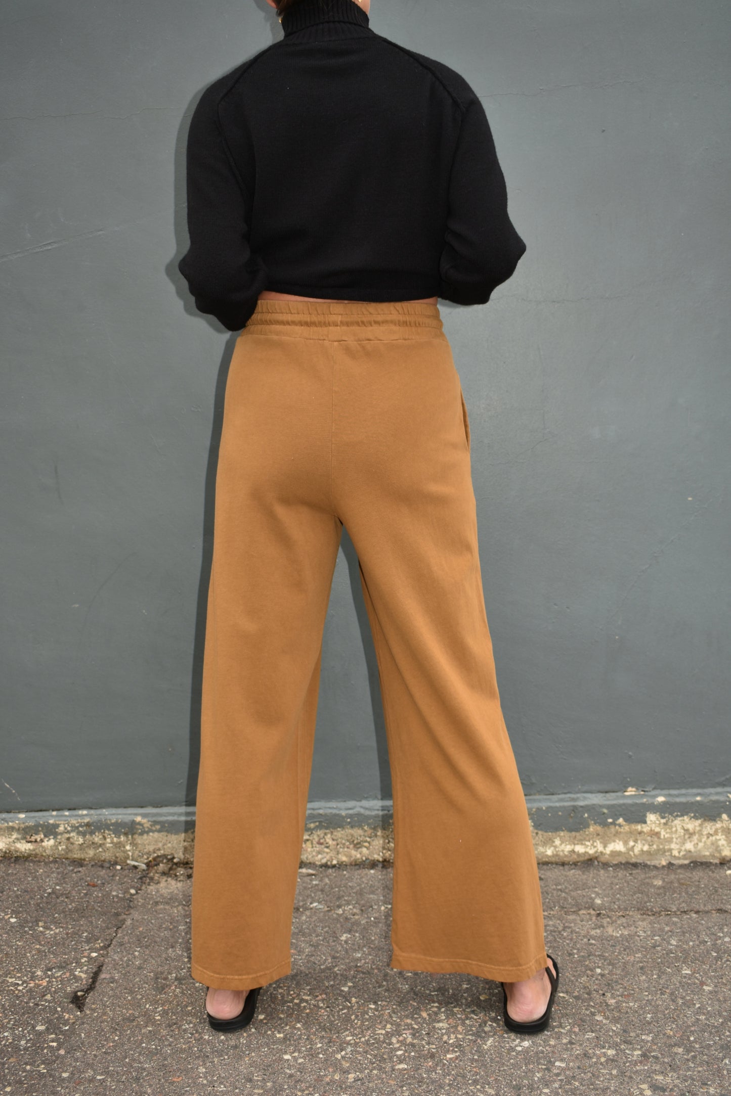 pale brown wide leg athleisure pants with elastic waistband with drawstring, pockets and seam detail down the front of the legs.