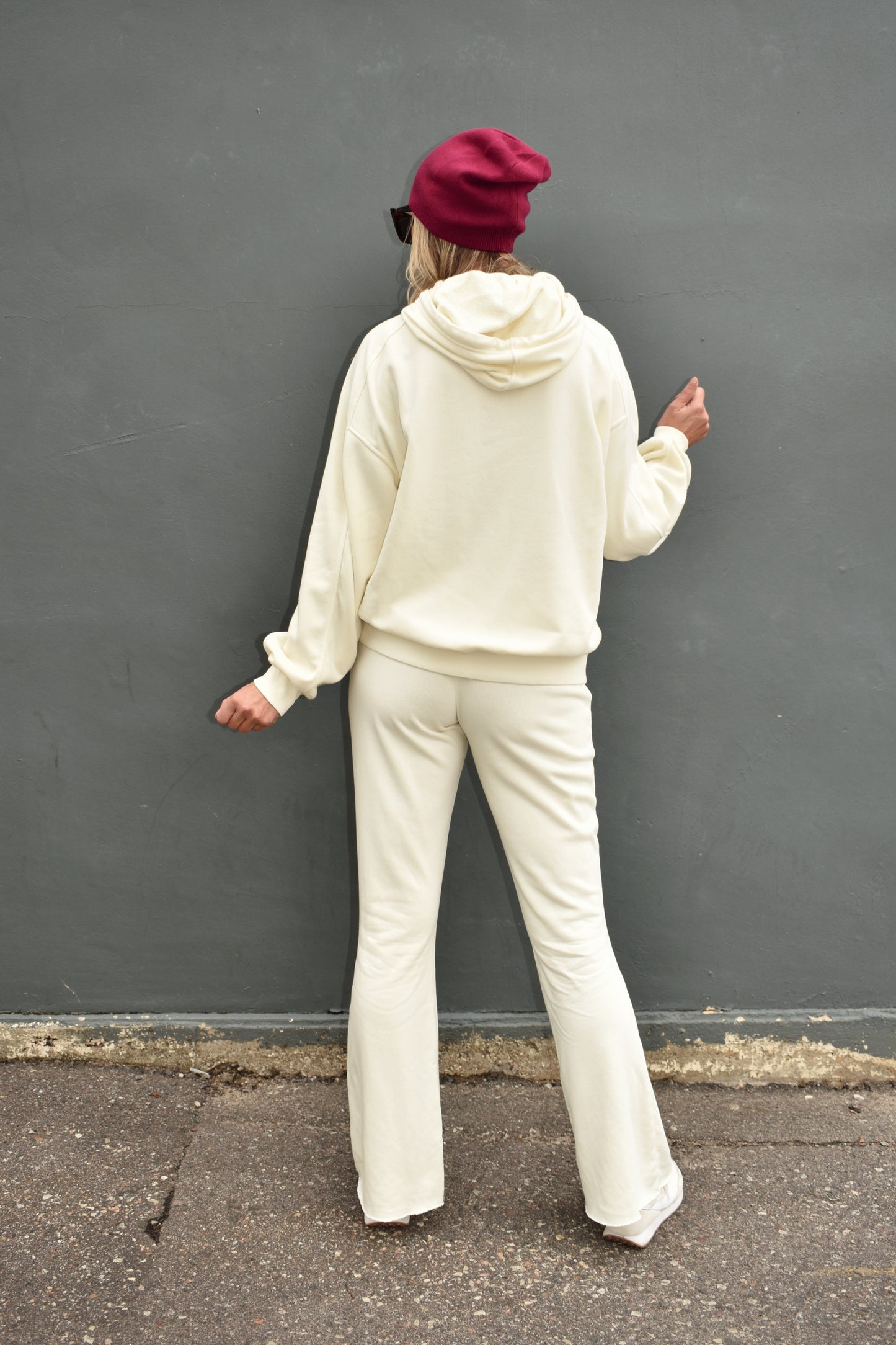 cream mid rise flare athleisure pants elastic waistband
