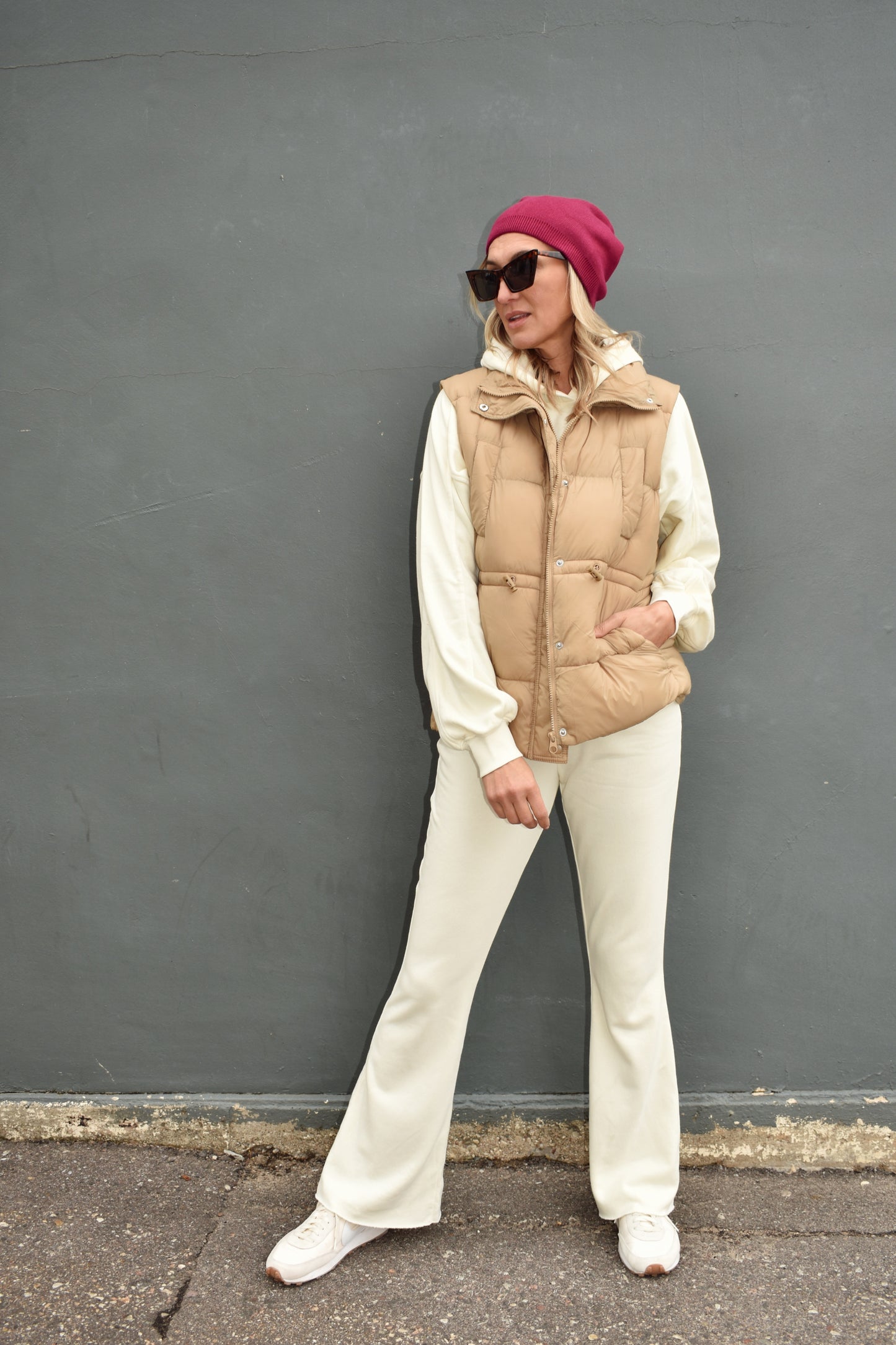 cream mid rise flare athleisure pants elastic waistband