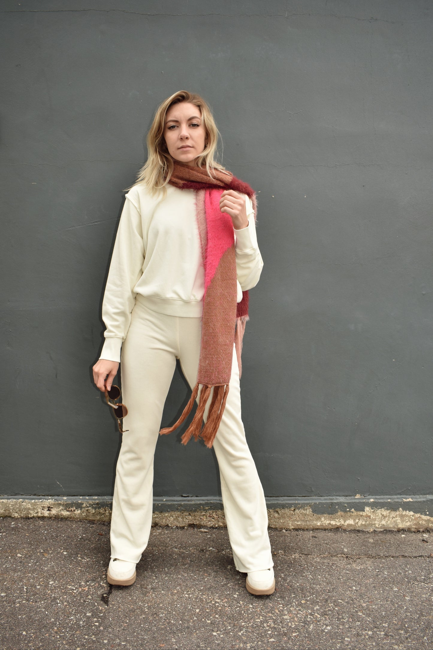 cream mid rise flare athleisure pants elastic waistband