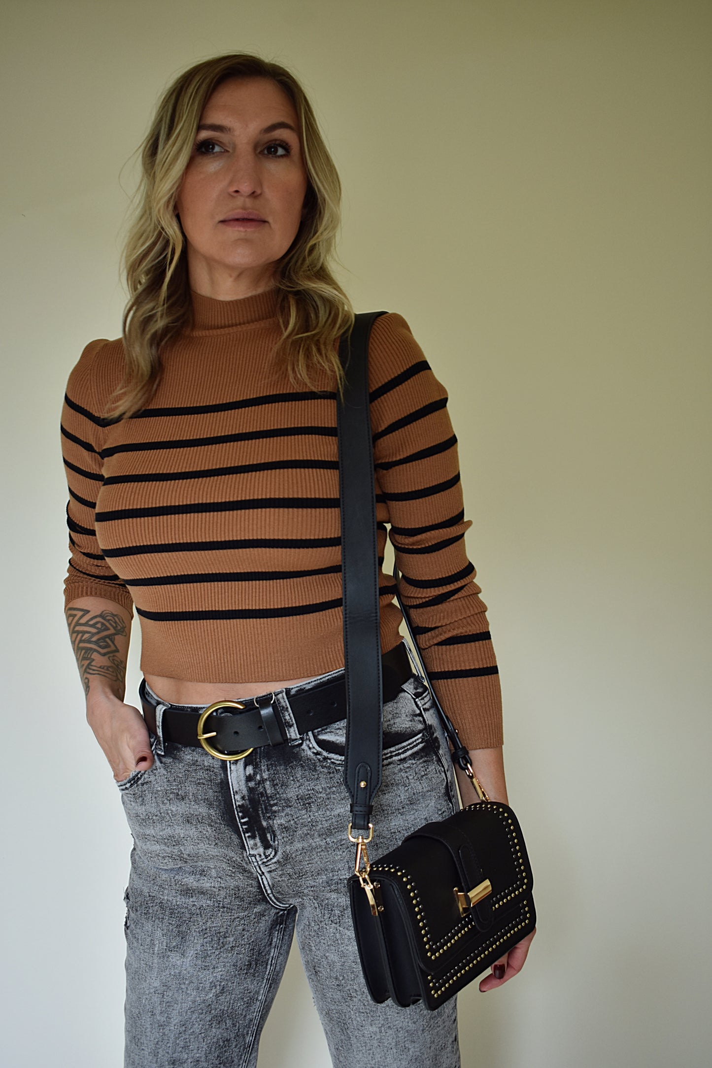 ribbed striped mock neck slightly cropped lightweight sweater in camel with black stripes