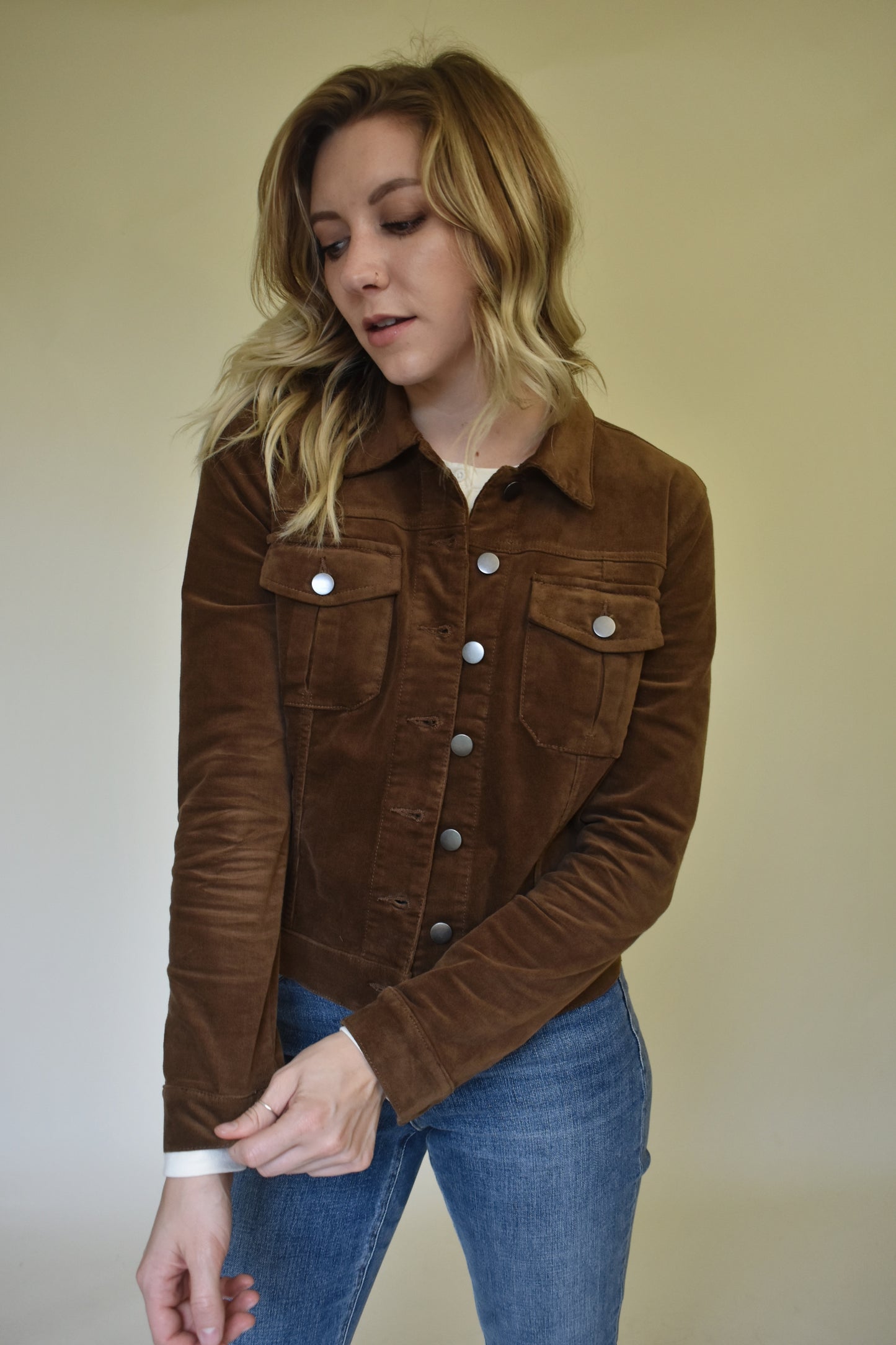 cocoa brown corduroy jacket with button down front and breast patch pockets