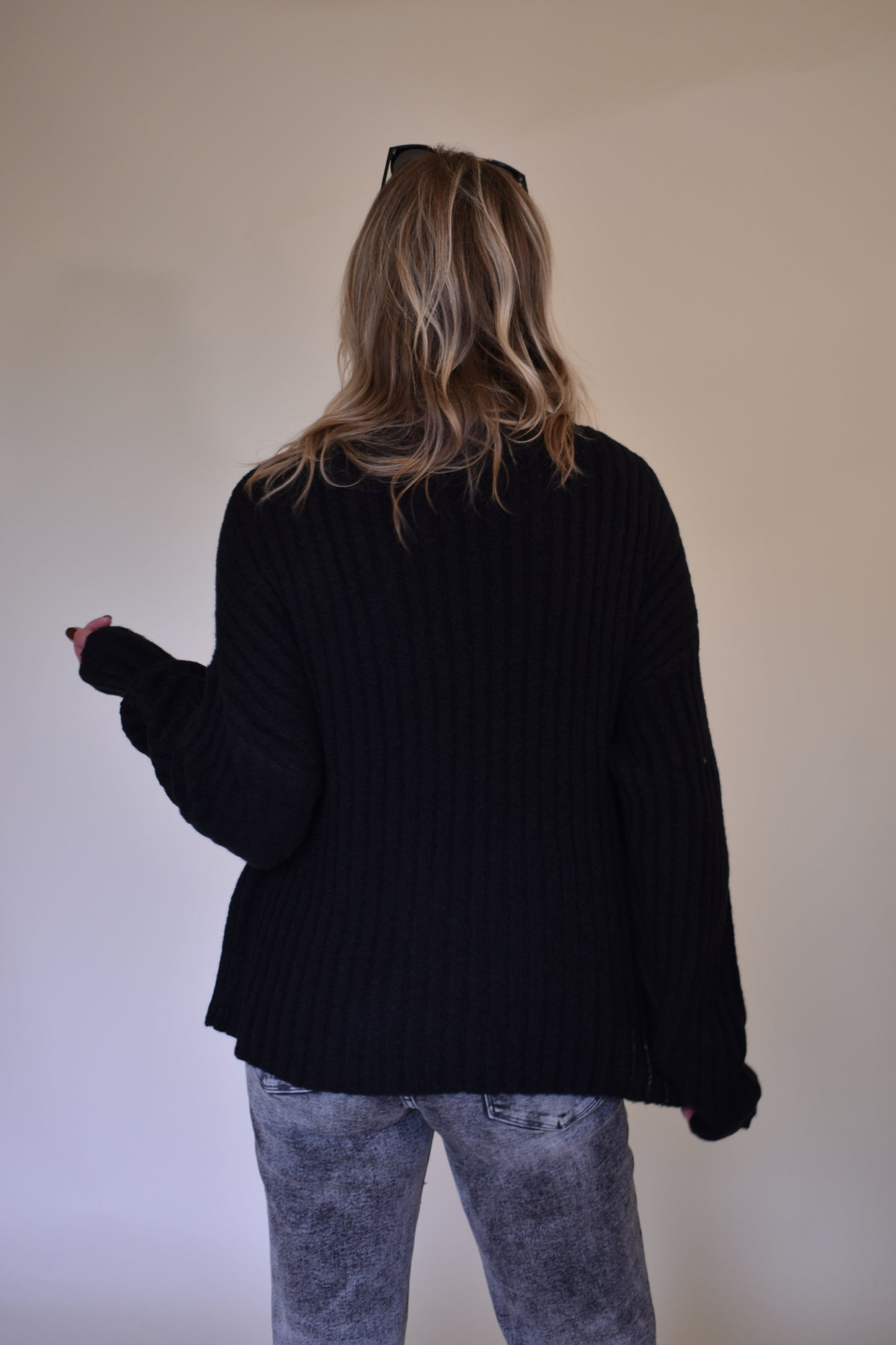 slightly oversized ribbed sweater with mock neck and drop shoulders