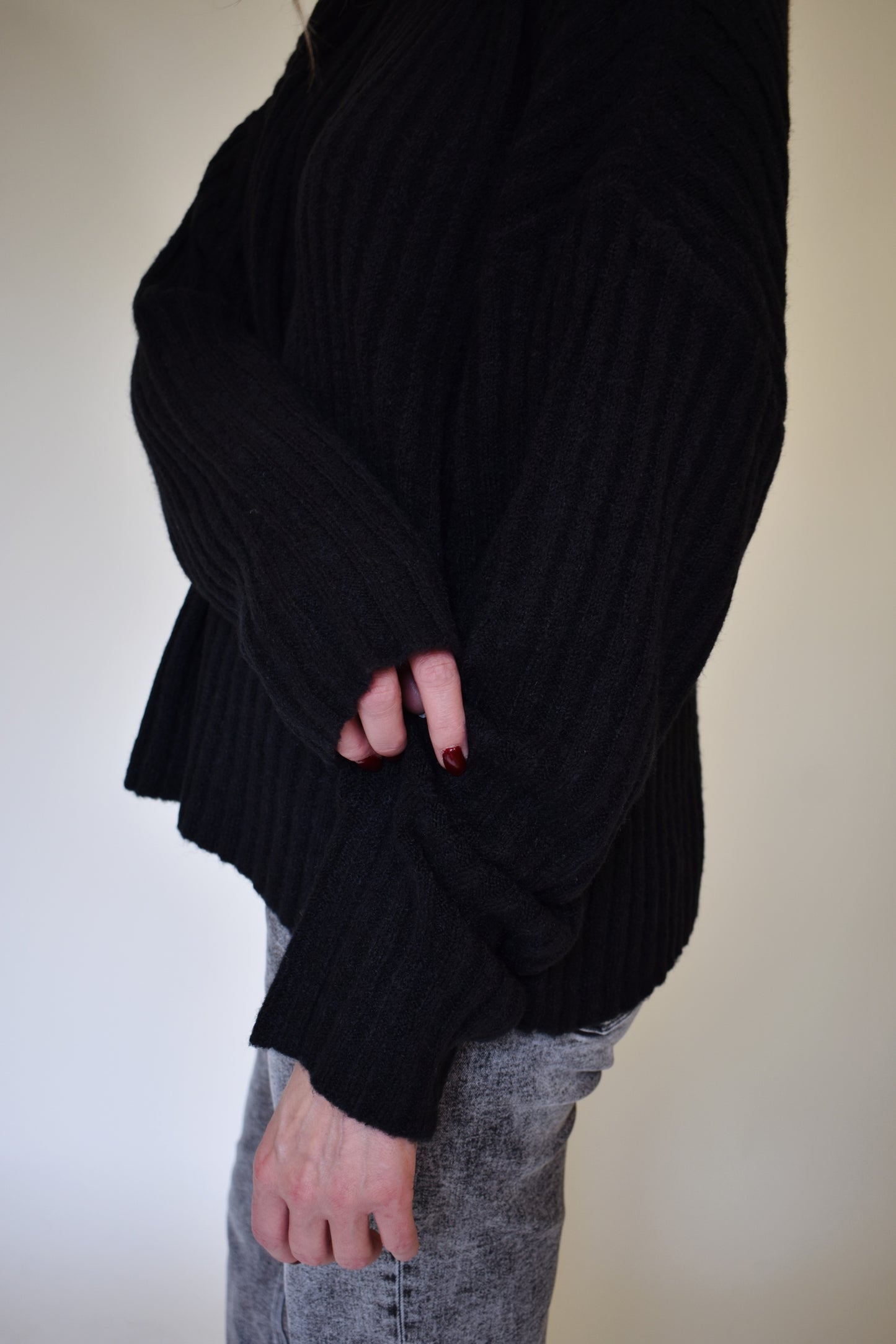 slightly oversized ribbed sweater with mock neck and drop shoulders