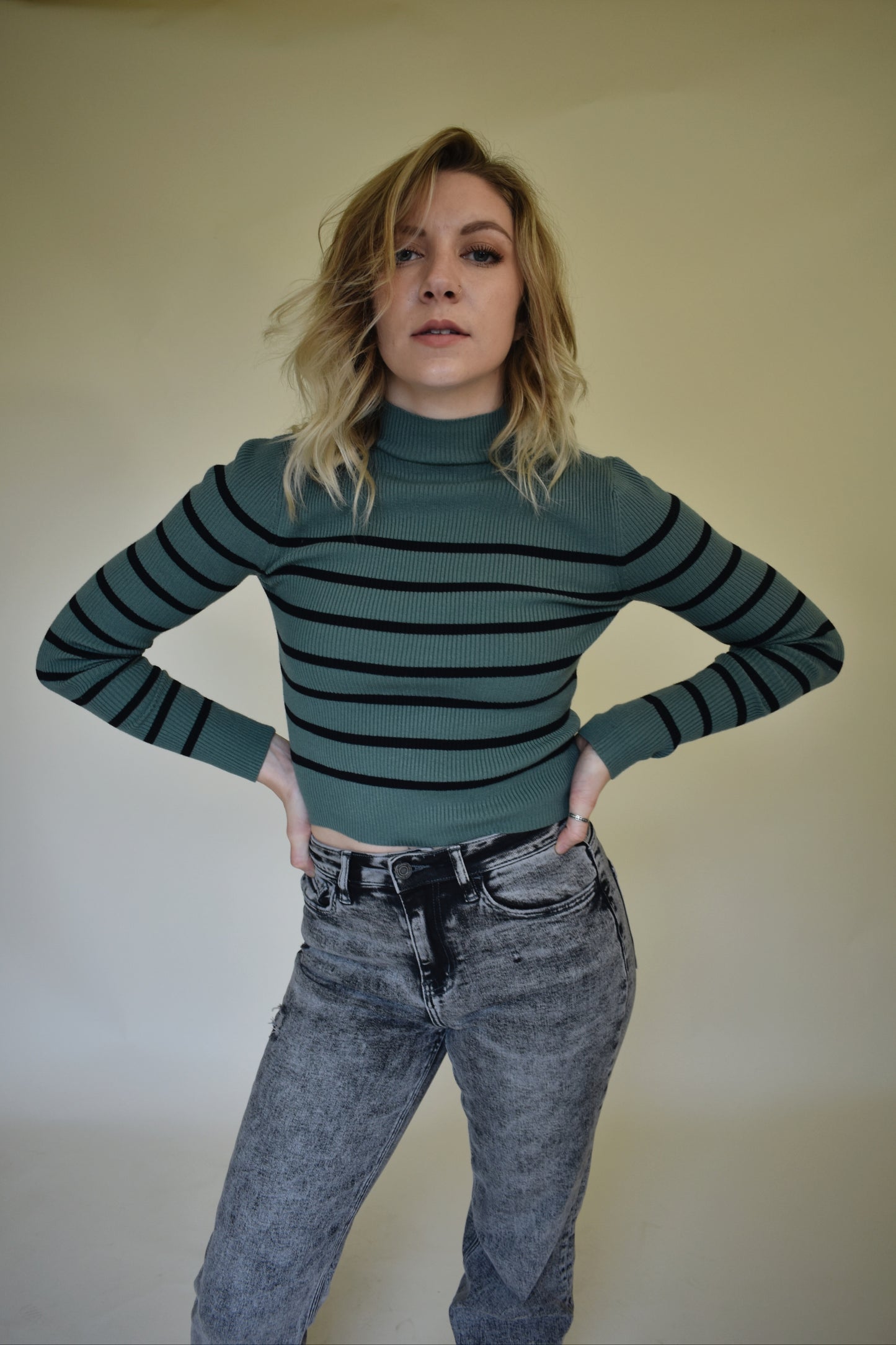 ribbed striped mock neck slightly cropped lightweight sweater in hunter green with black stripes