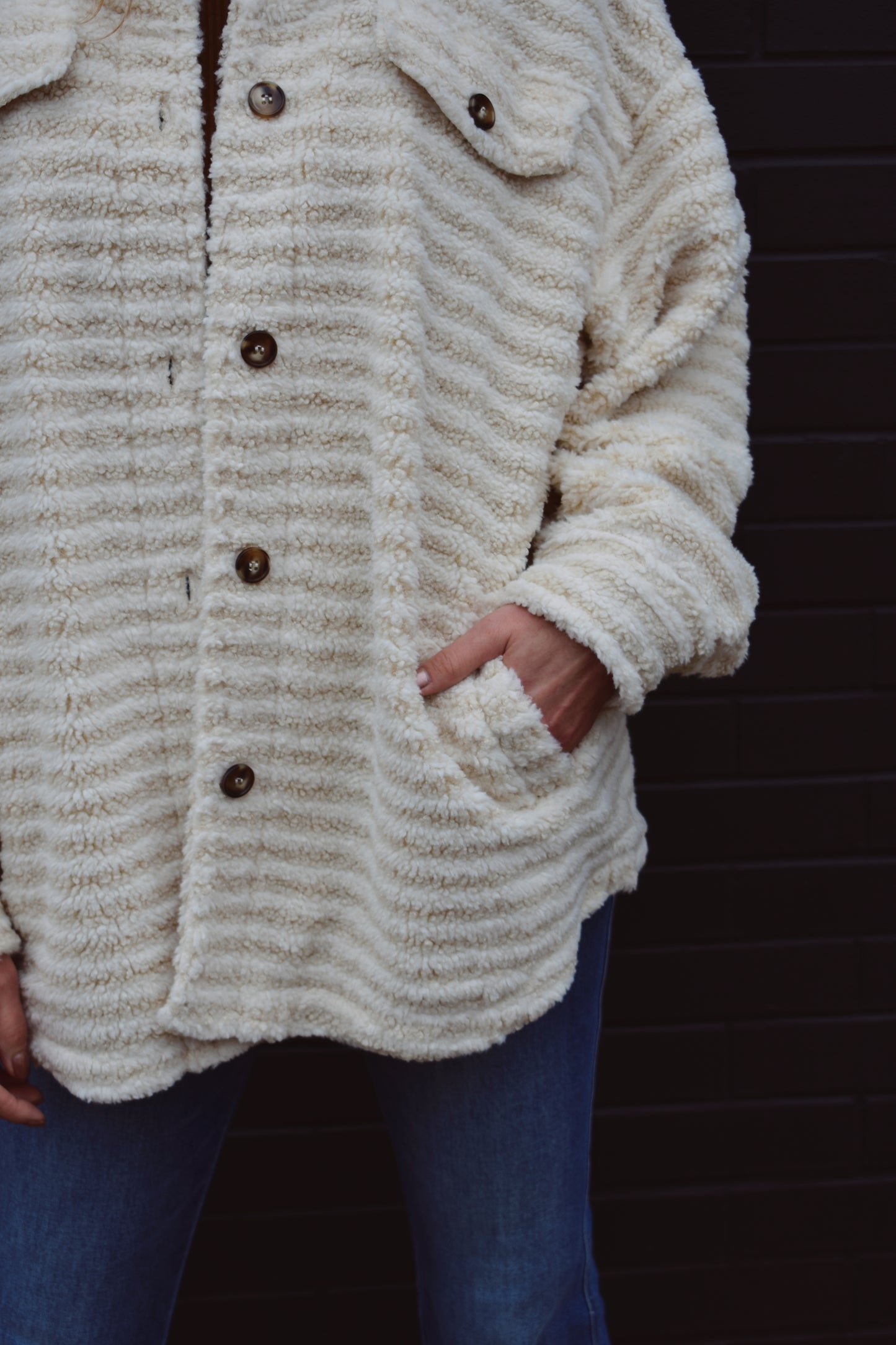 oversized teddy stripe shacket with buttons and fake breast pockets, side pockets.