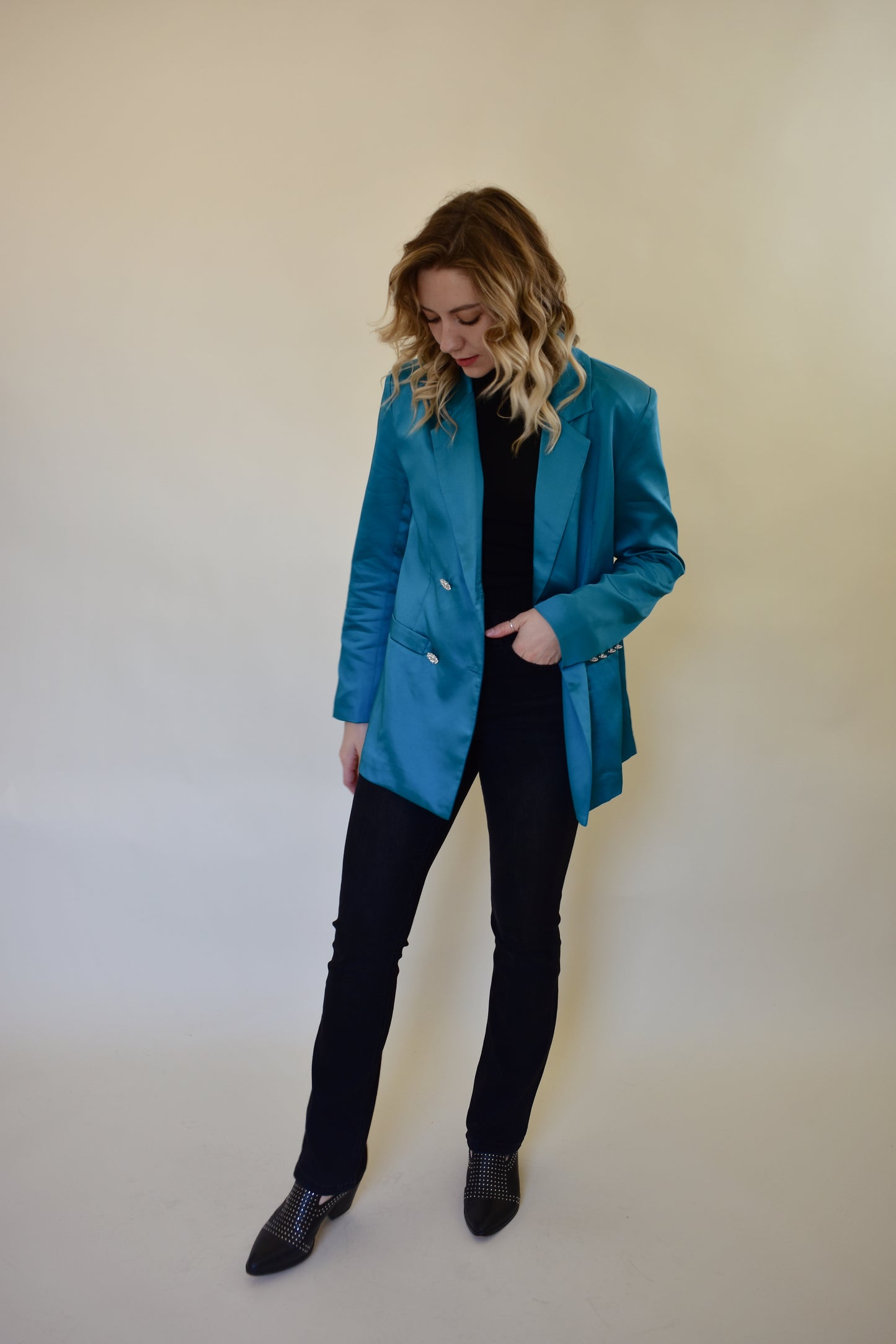 teal satin oversized blazer with embellished buttons