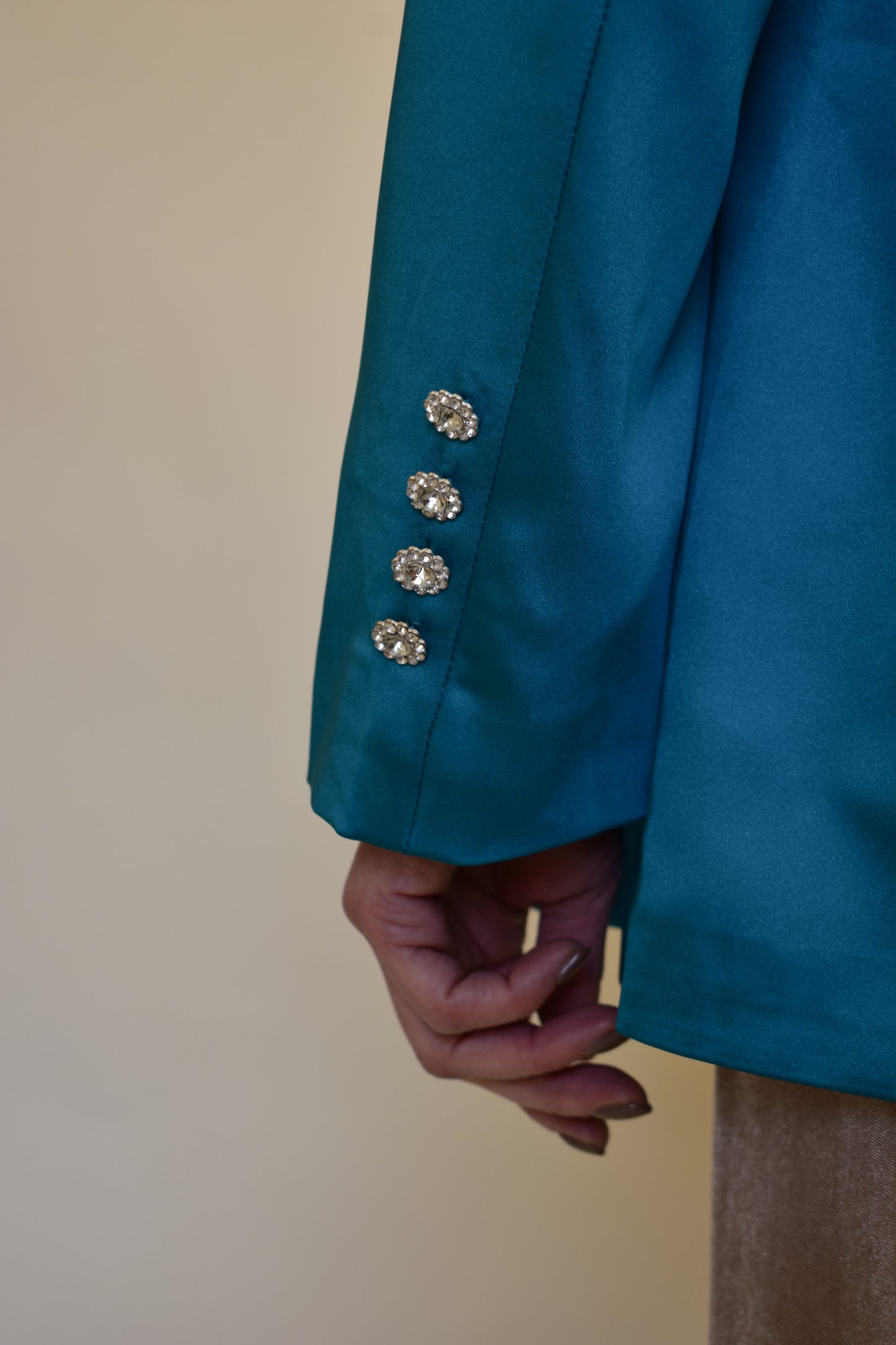 teal satin oversized blazer with embellished buttons
