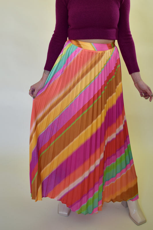 diagonal rainbow pleated satin maxi skirt with waist band and zip enclosure