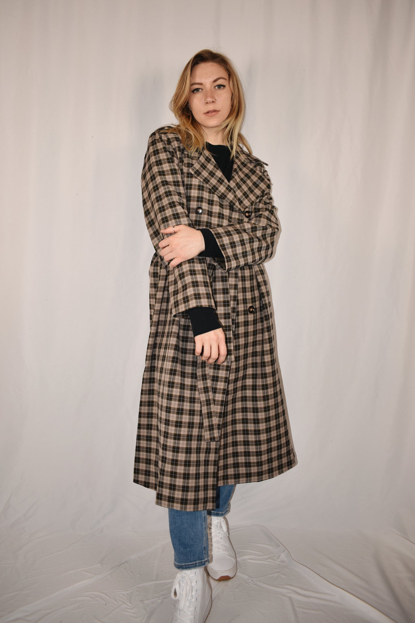 grey, black and taupe plaid trench coat with olive satin lining
