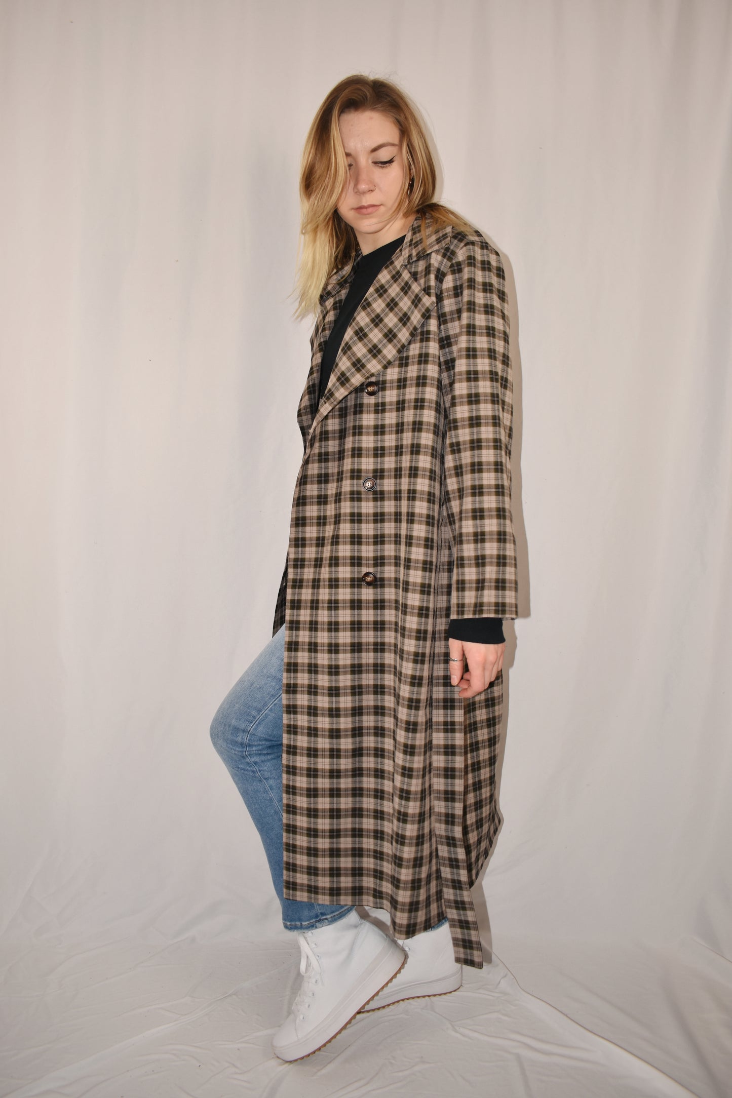 grey, black and taupe plaid trench coat with olive satin lining