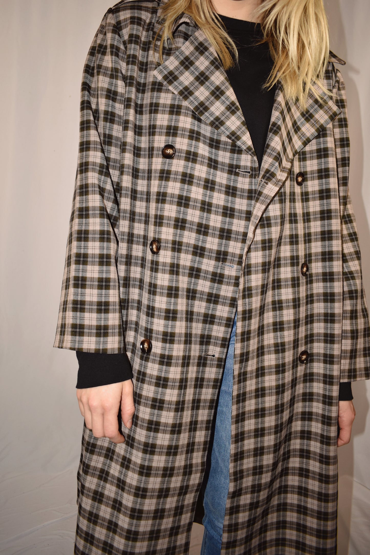 grey, black and taupe plaid trench coat with olive satin lining