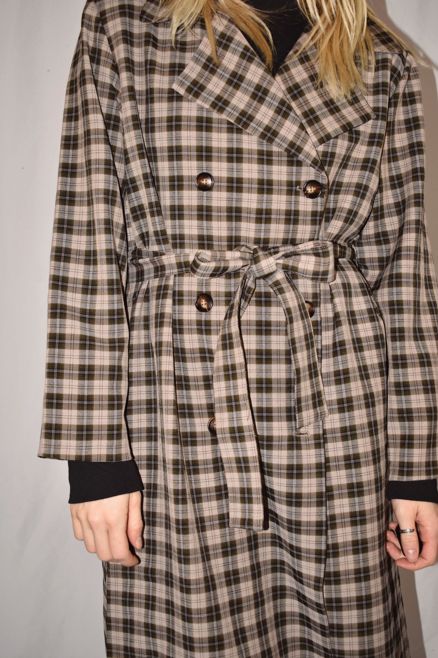 grey, black and taupe plaid trench coat with olive satin lining