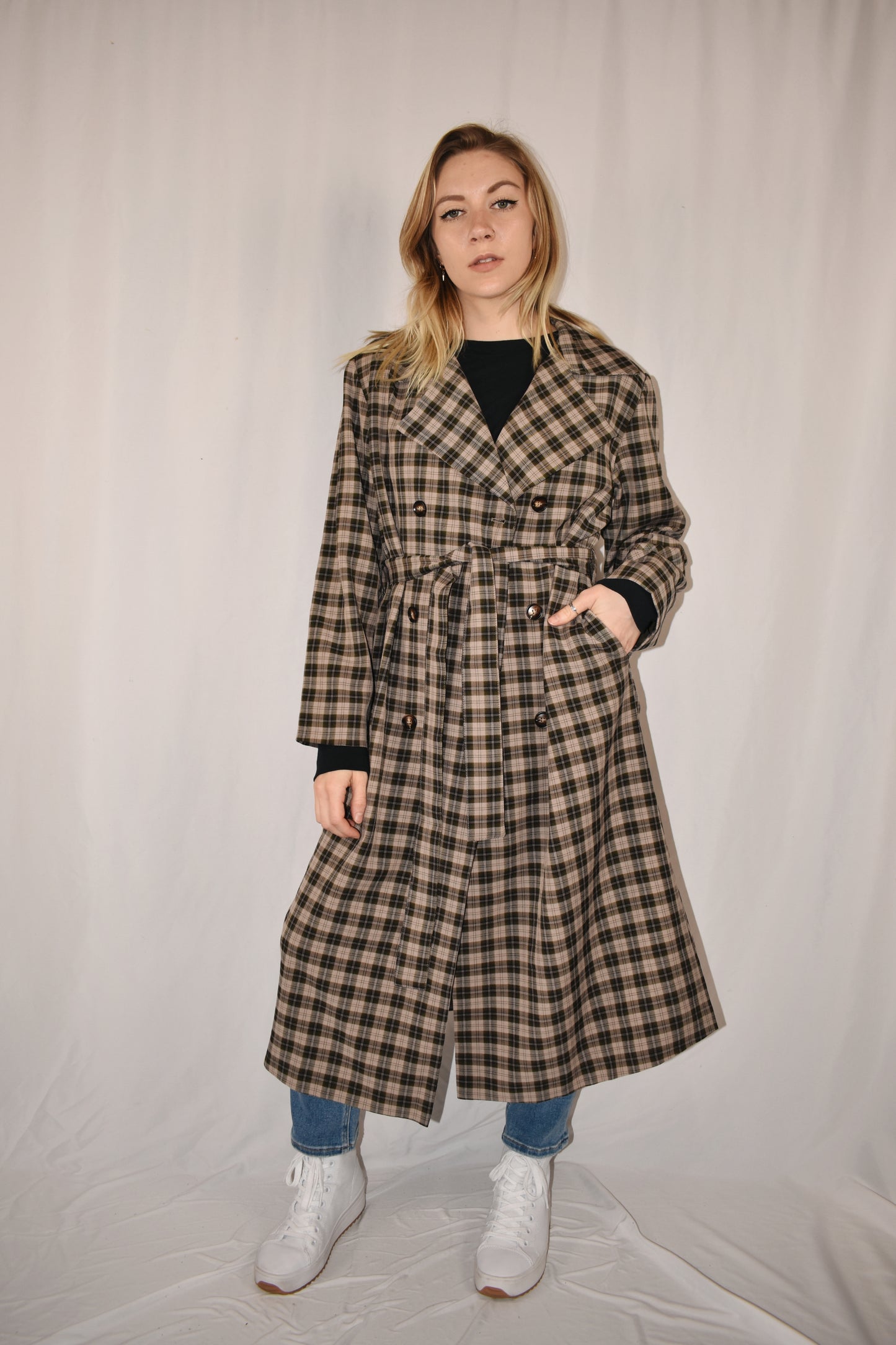 grey, black and taupe plaid trench coat with olive satin lining