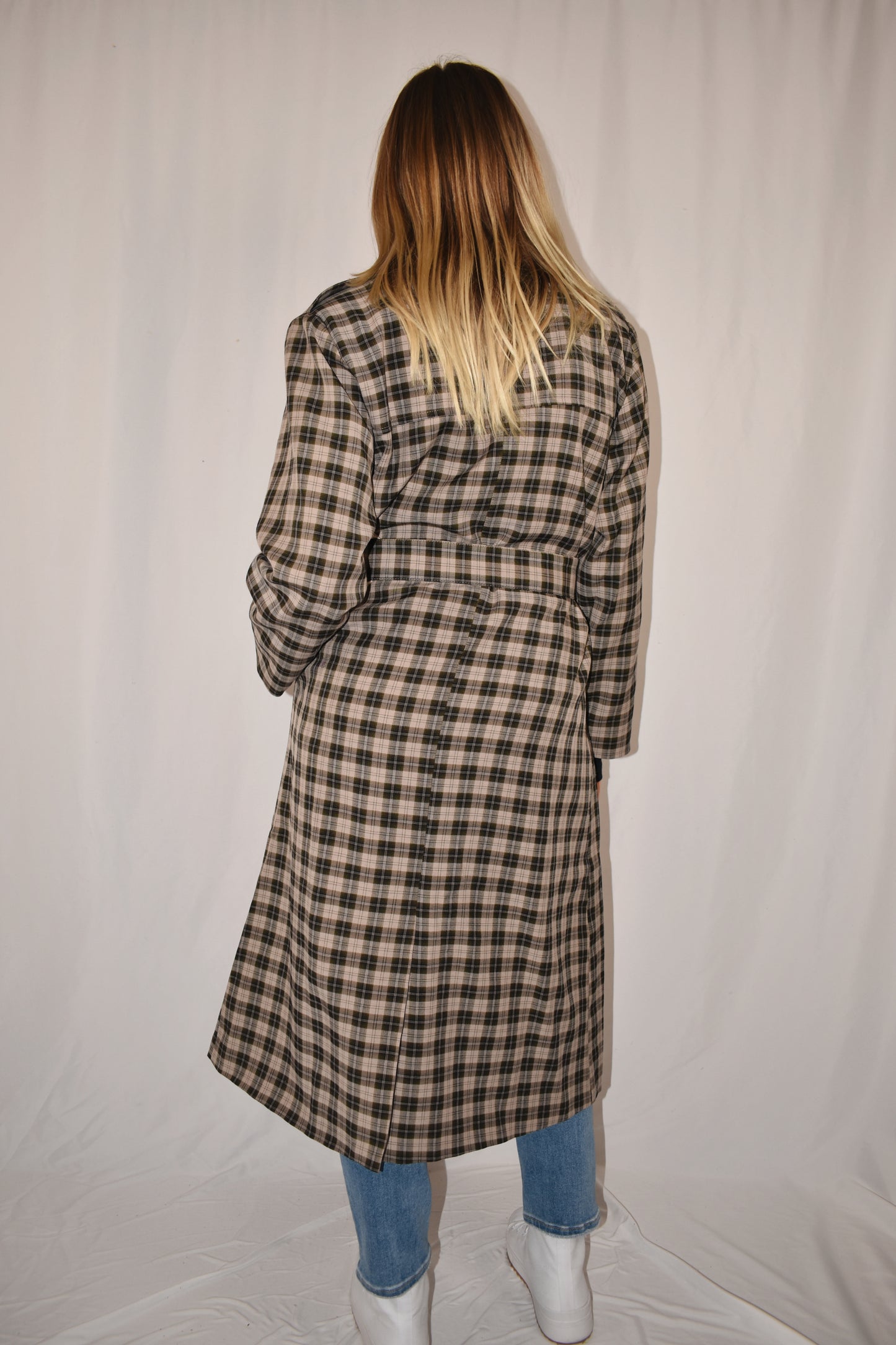 grey, black and taupe plaid trench coat with olive satin lining