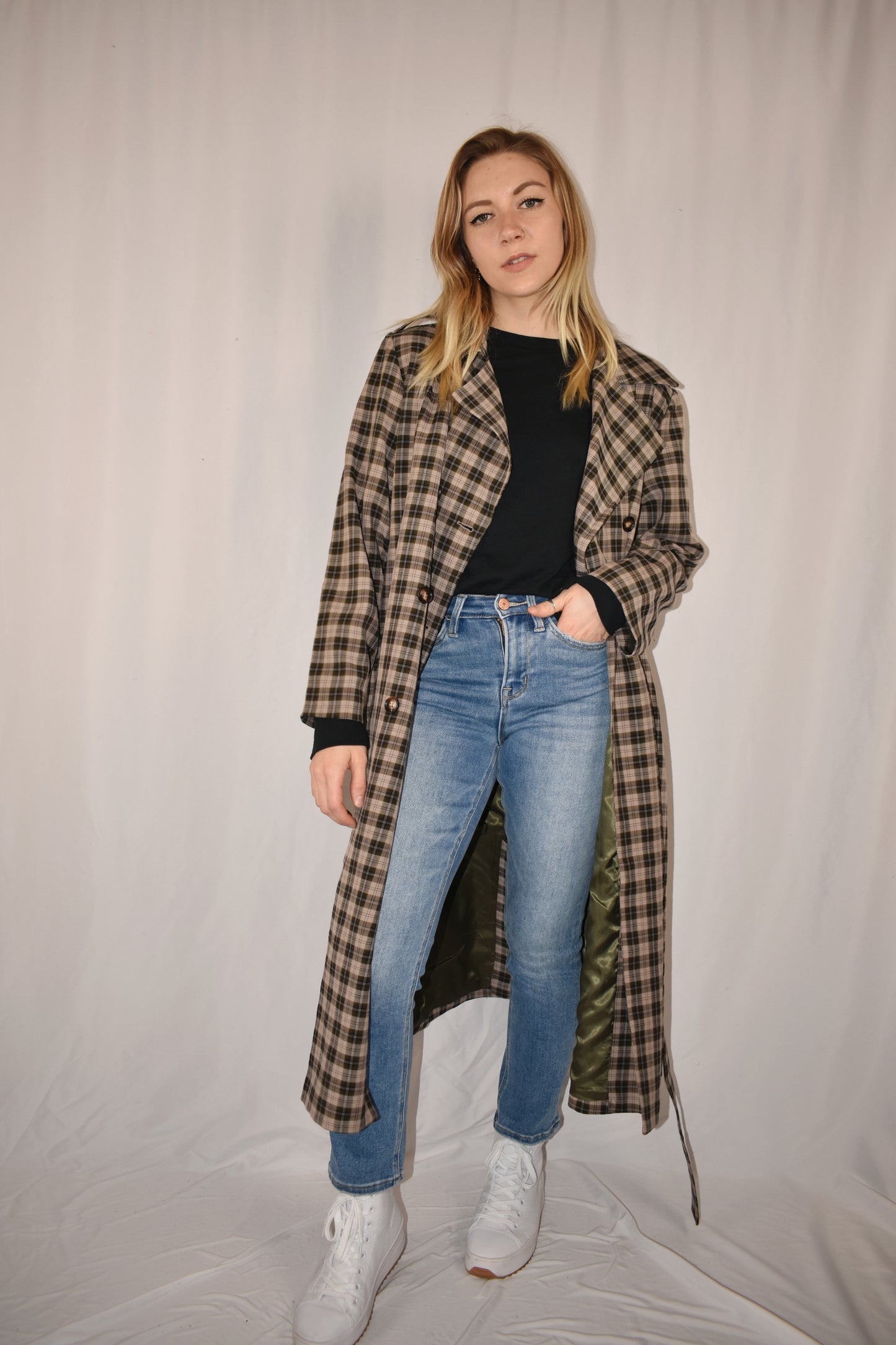 grey, black and taupe plaid trench coat with olive satin lining