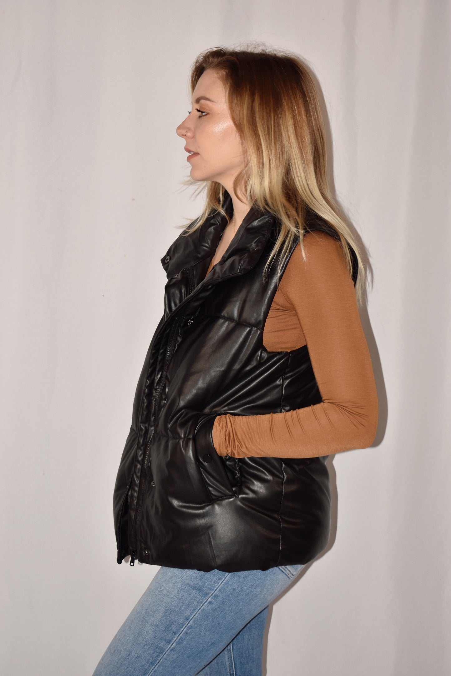 oversized full length faux puffer vest with size pockets, zip front with snaps