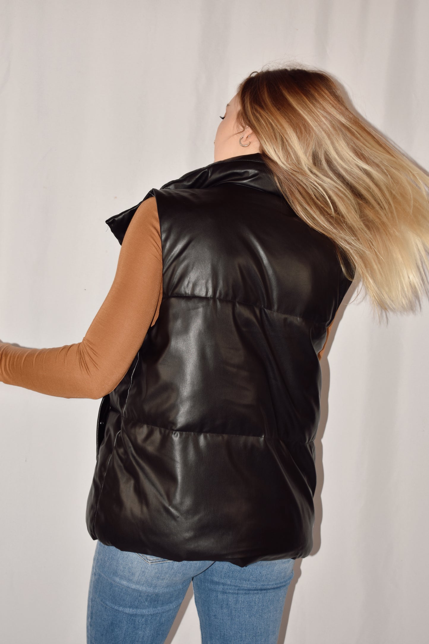 oversized full length faux puffer vest with size pockets, zip front with snaps