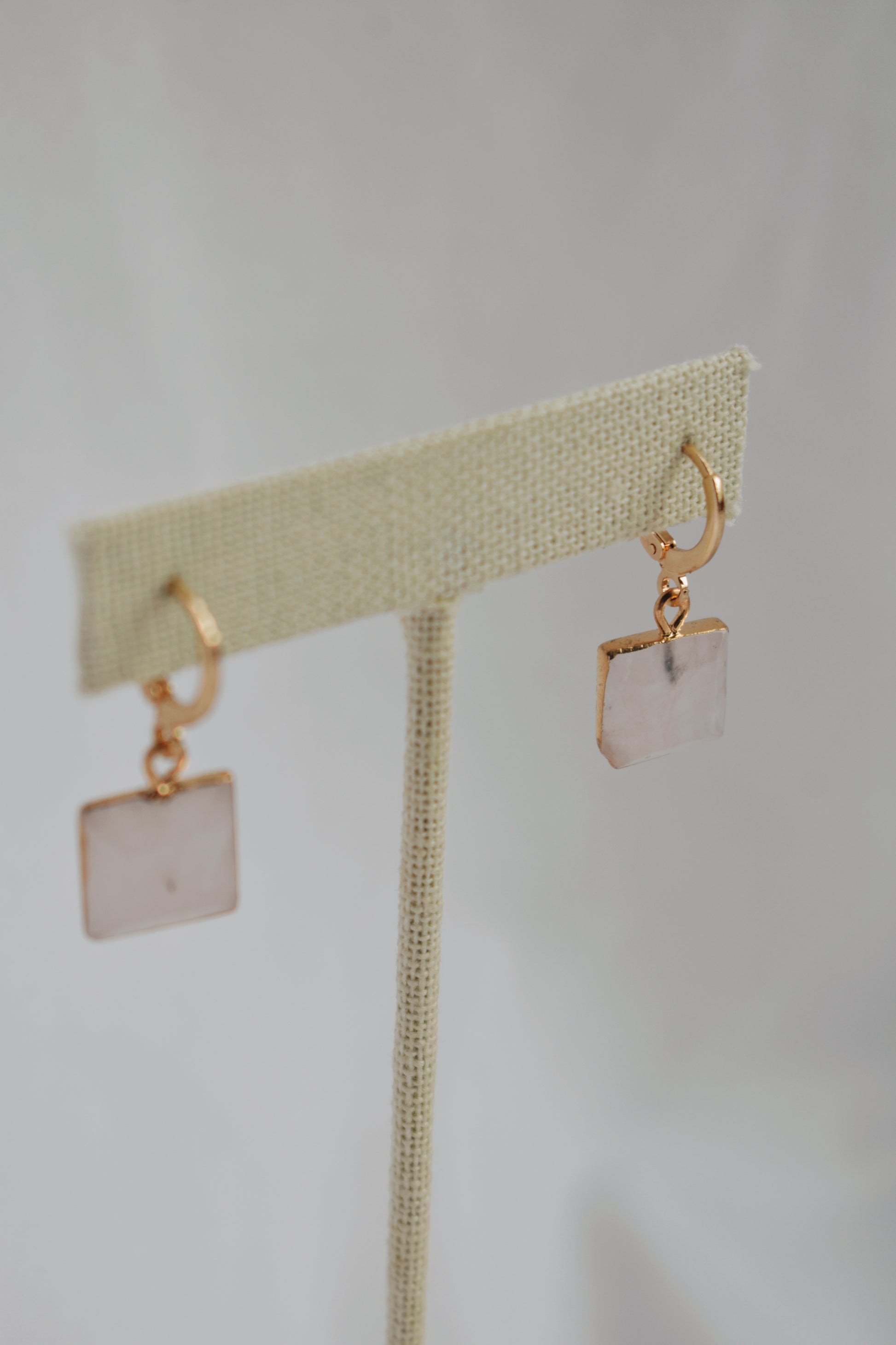 dainty faceted rose quartz square huggie style hoop earrings