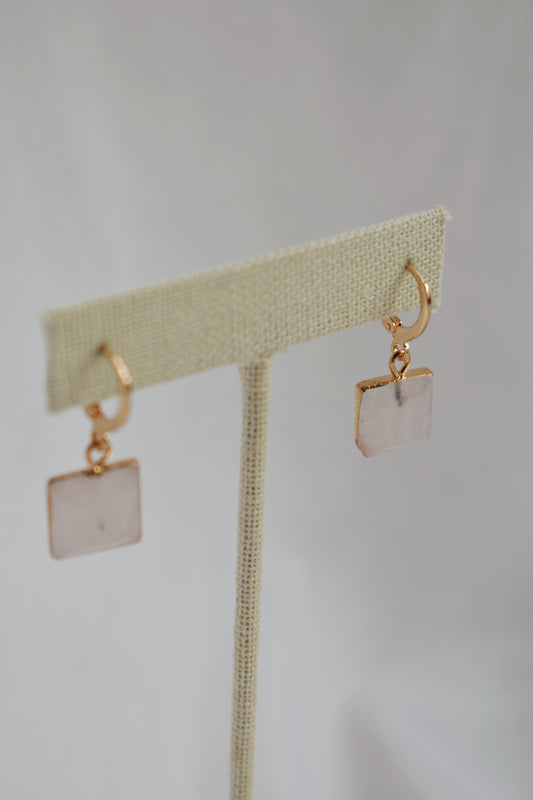 dainty faceted rose quartz square huggie style hoop earrings