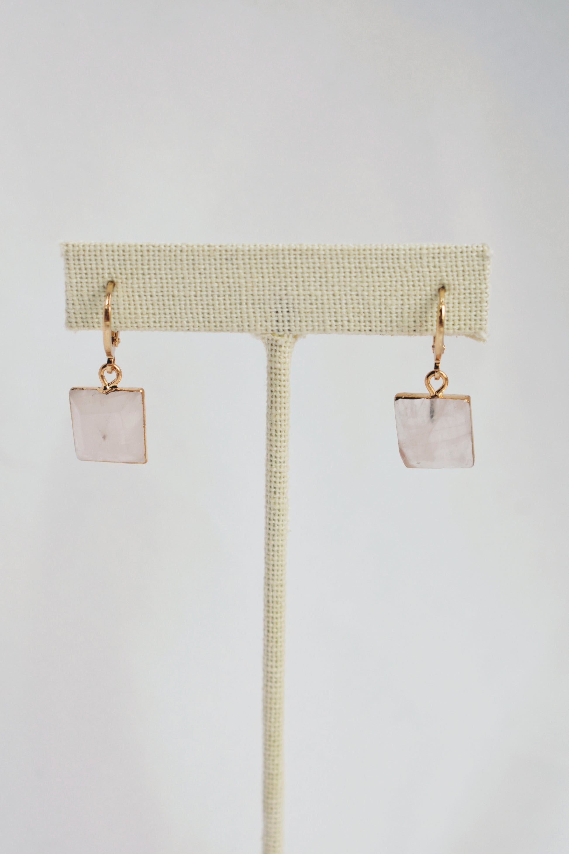 dainty faceted rose quartz square huggie style hoop earrings