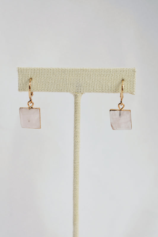 dainty faceted rose quartz square huggie style hoop earrings
