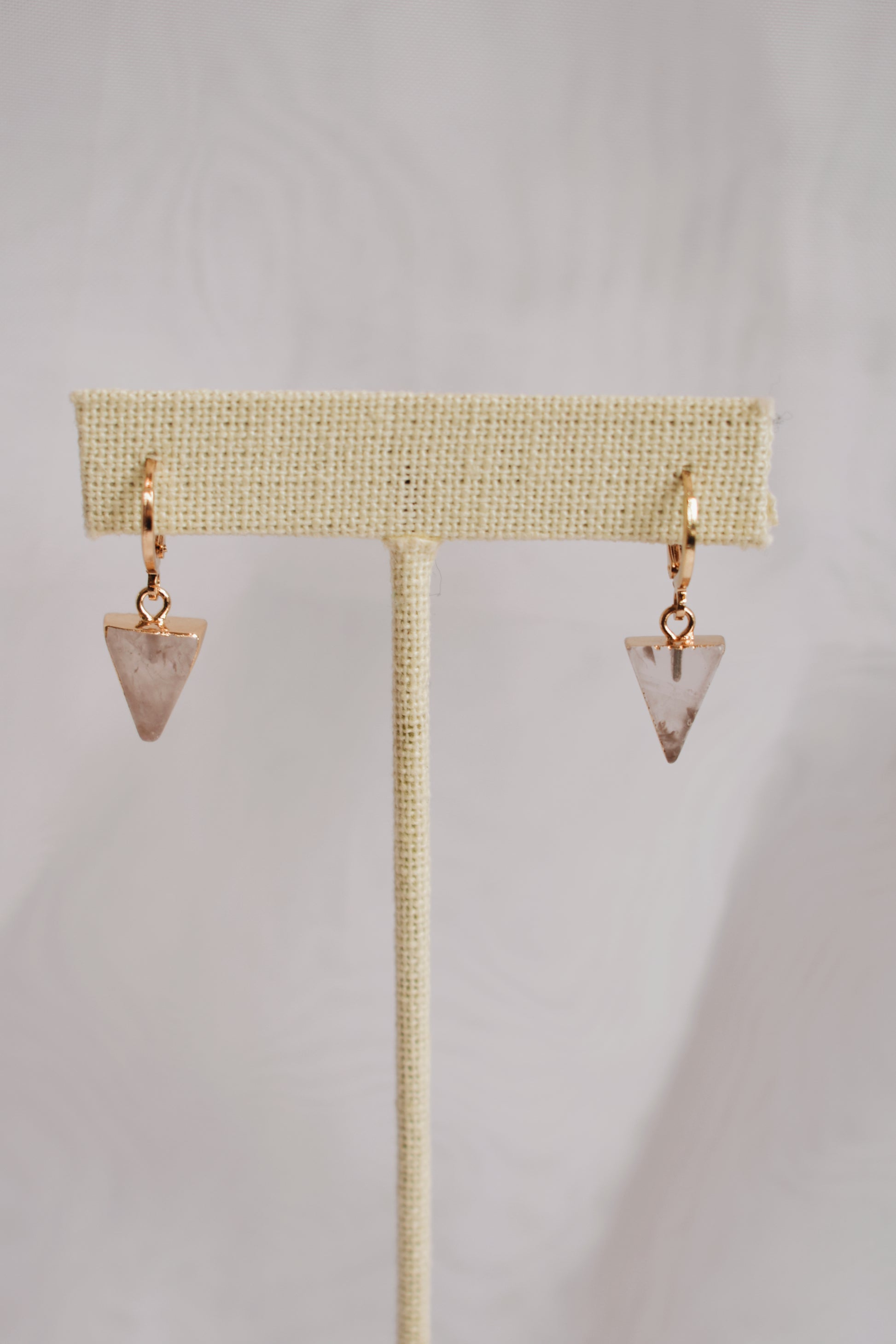rose quartz dainty gold plated huggie style hoop lightweight earrings
