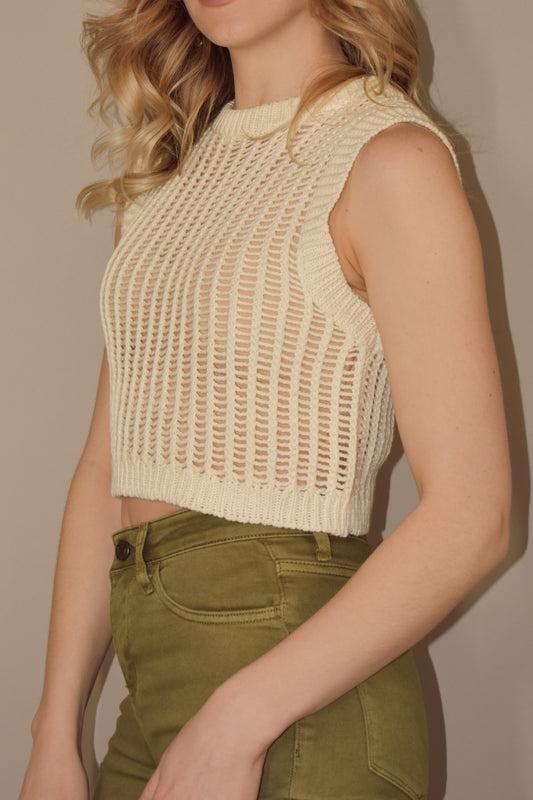 cropped crocheted muscle tank. crew neck. cream color. breezy.