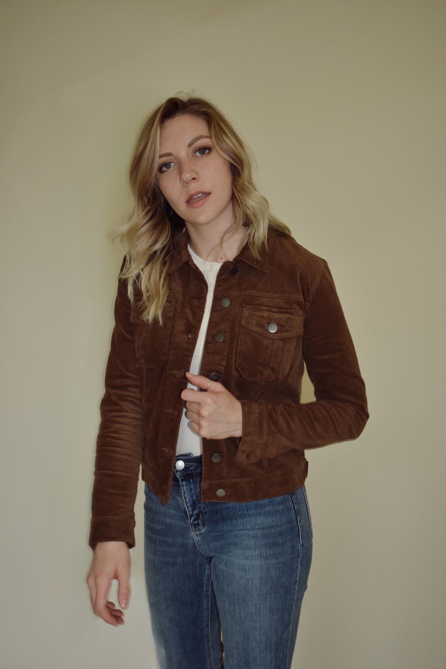 cocoa brown corduroy jacket with button down front and breast patch pockets
