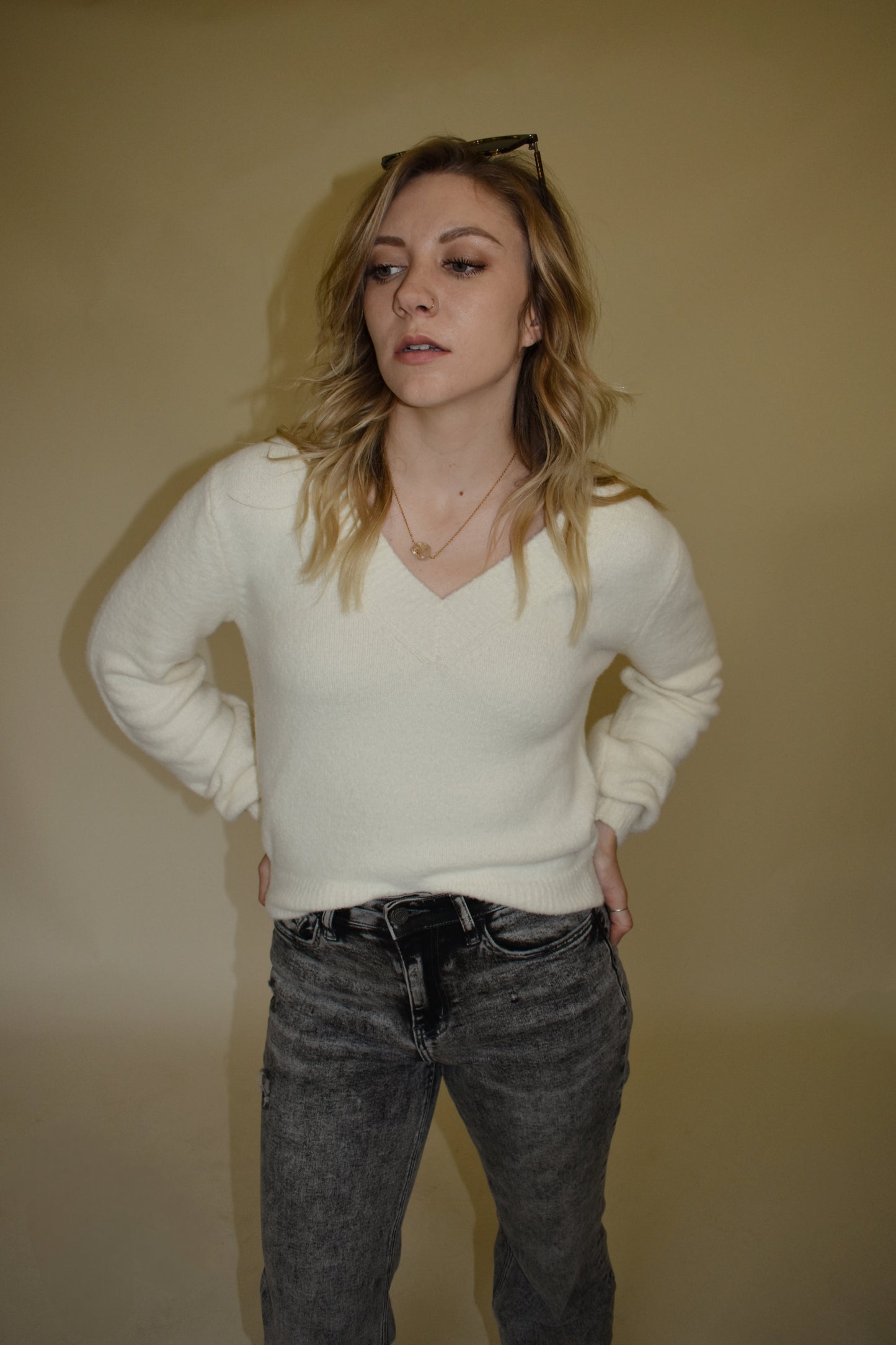 slight balloon sleeve v neck full length sweater