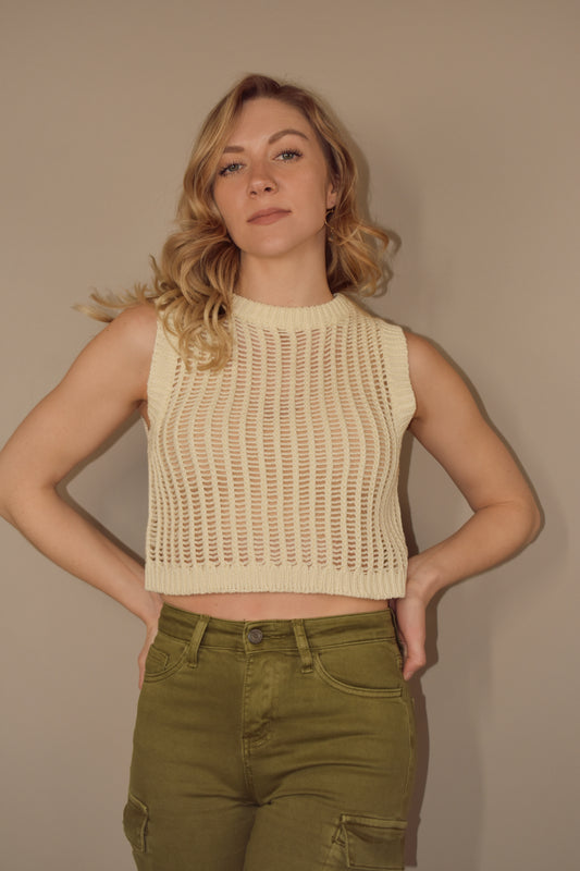 cropped crocheted muscle tank. crew neck. cream color. breezy.