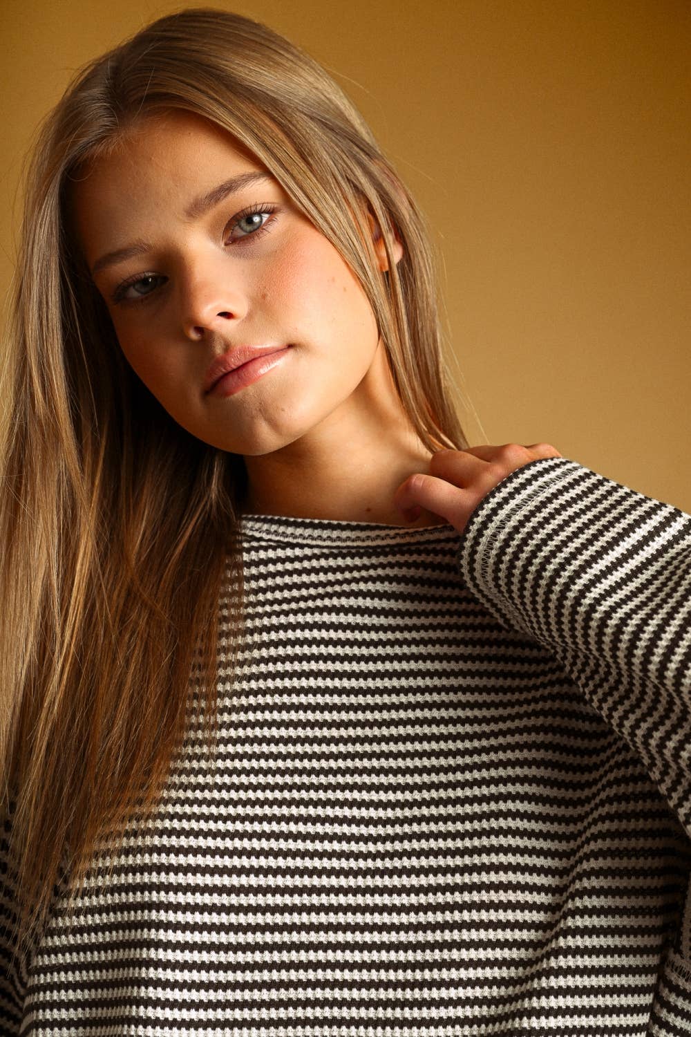 MIOU MUSE - ET6930 STRIPED WAFFLE FABRIC LONG SLEEVE TOP