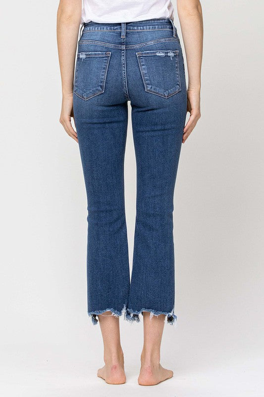highwaisted cropped flare jeans. stretch denim with button fly and a raw hem. Vervet.