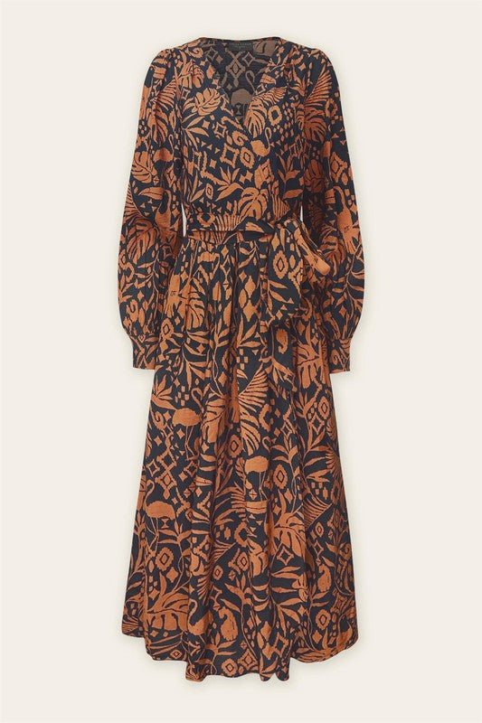 Monstera print wrap midi dress with long bishop sleeves black and clay color