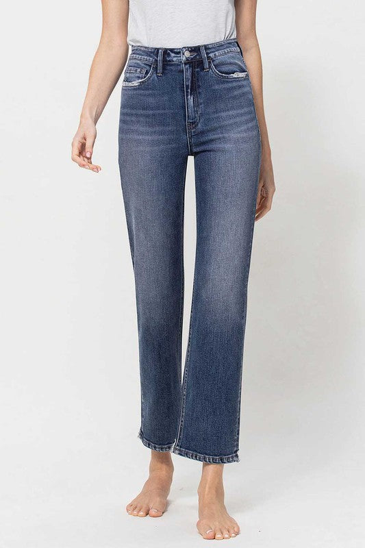 high rise ankle straights stretch denim medium wash no holes distressed detail