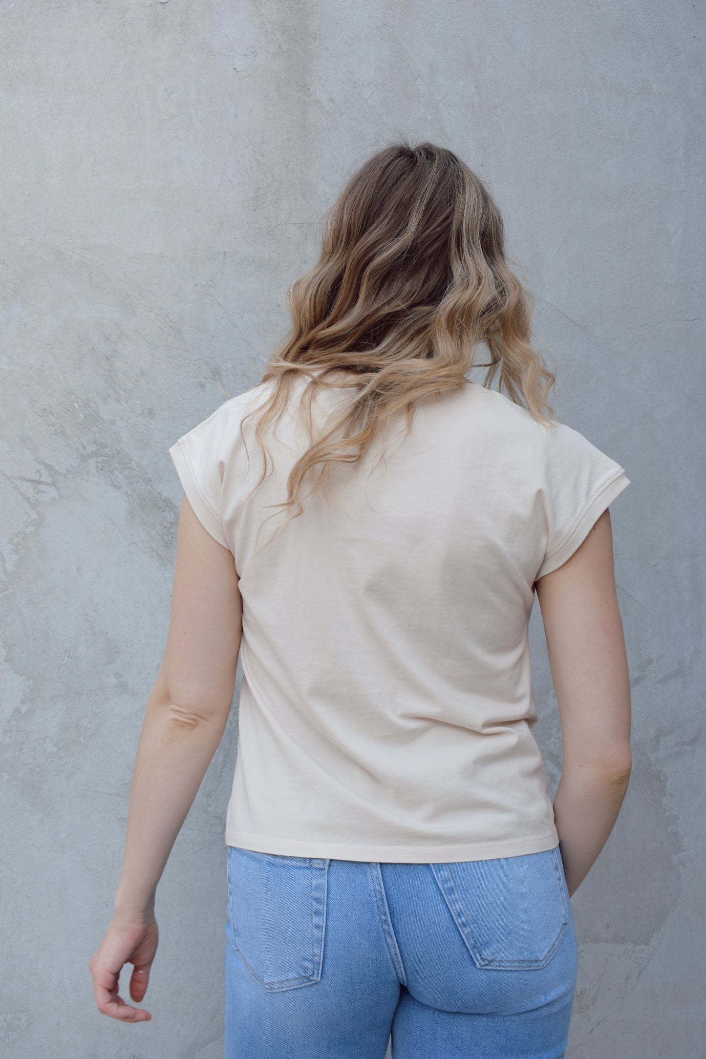cap sleeve top with round neck relaxed fit slightly cropped basic essential staple