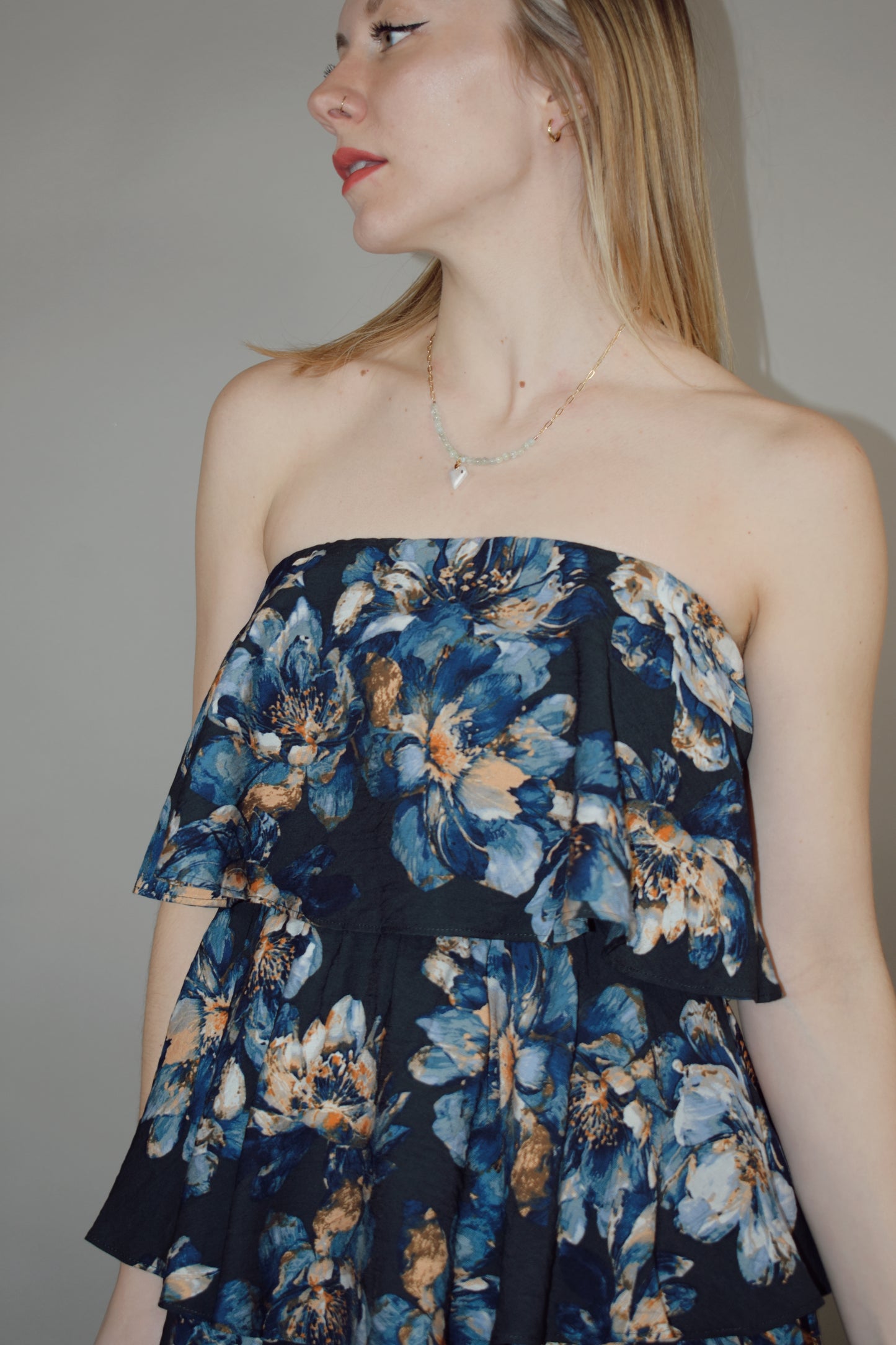 shades of blue floral printed mini tiered strapless dress summery wedding guest