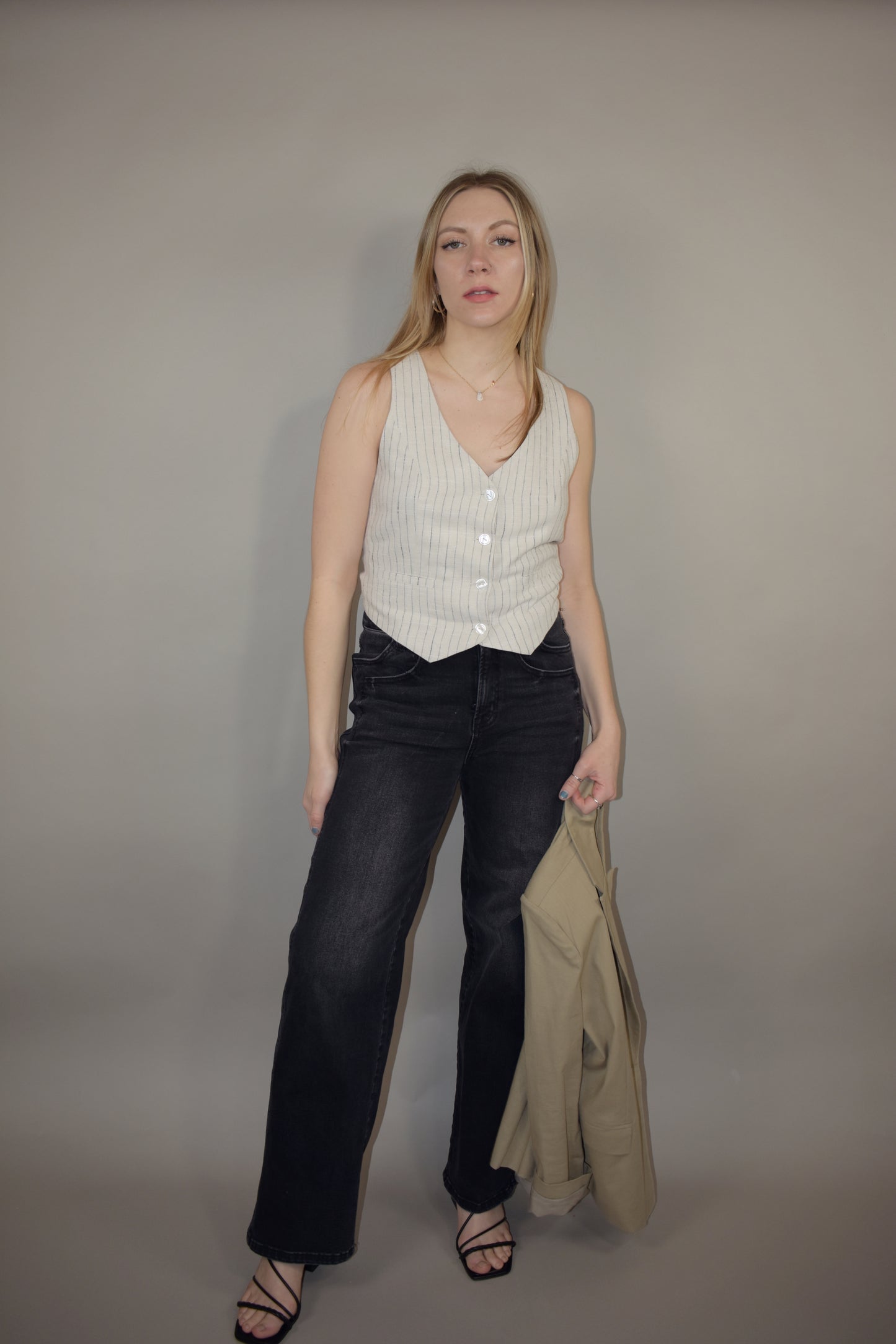 cropped vertical pin striped button down vest fitted