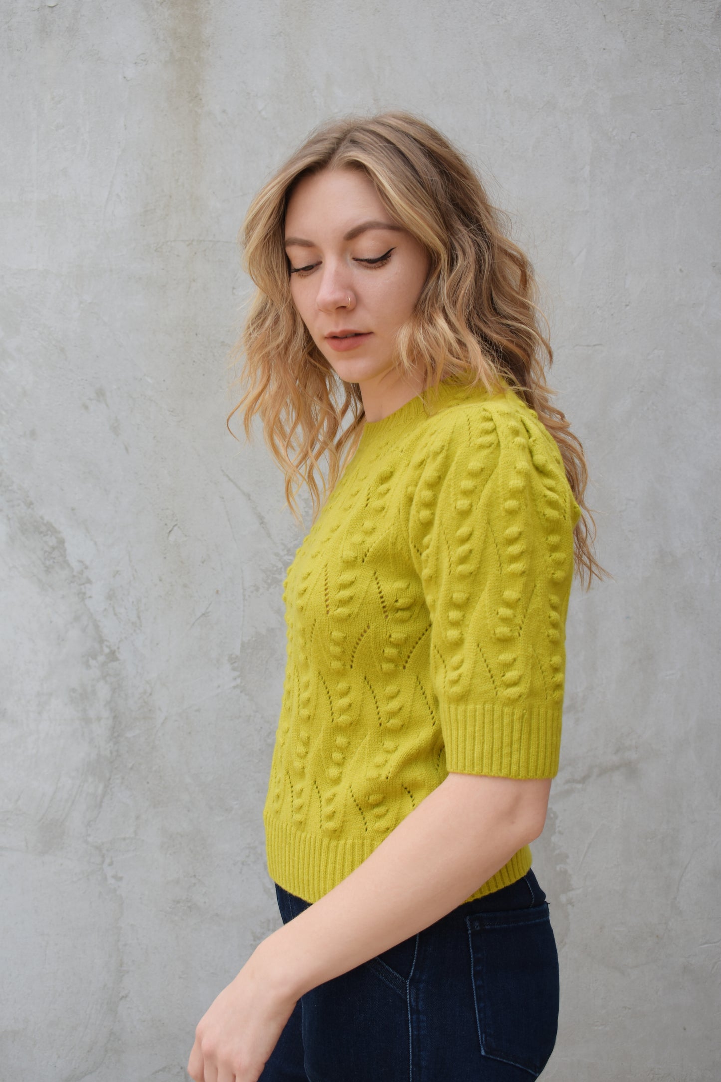 short sleeve crew neck sweater with  popcorn knit pointelle design and ribbed texture on cuffs hem and neckline chartreuse color straight fit