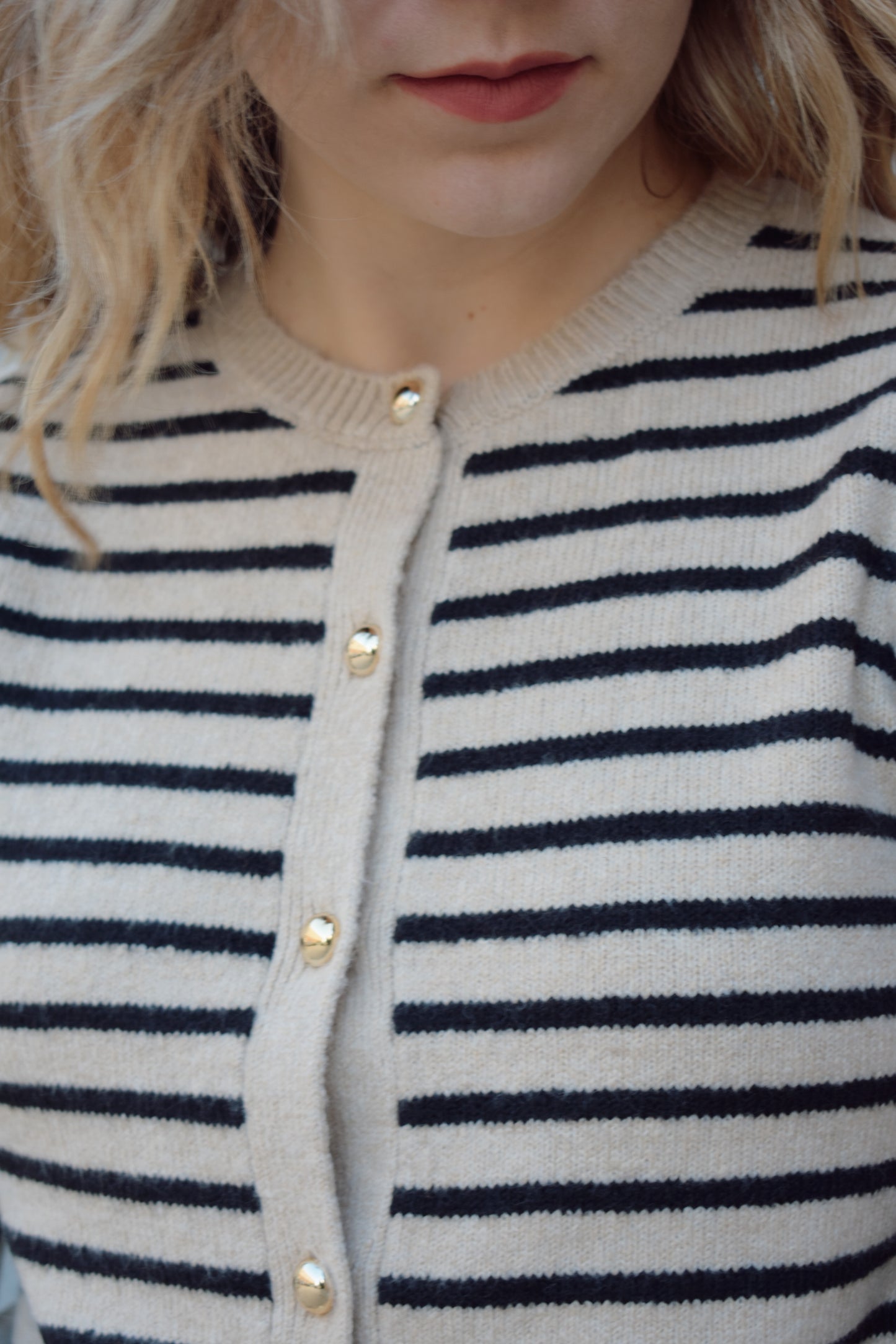 horizontally striped cardigan sweater with gold buttons fitted crew neck