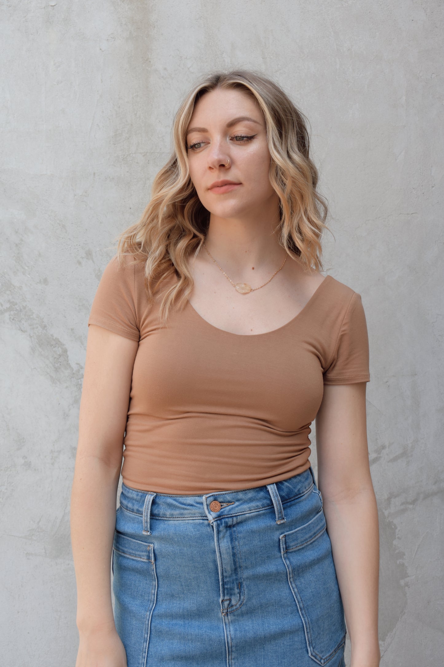 double layered fitted short sleeve top with scoop neckline front and back, full length