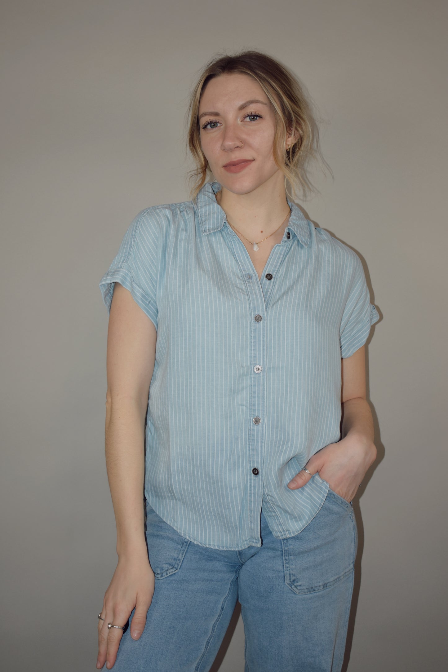 vertical pin striped chambray button down light blue and white stripes short cuffed sleeves full length straight fit super soft