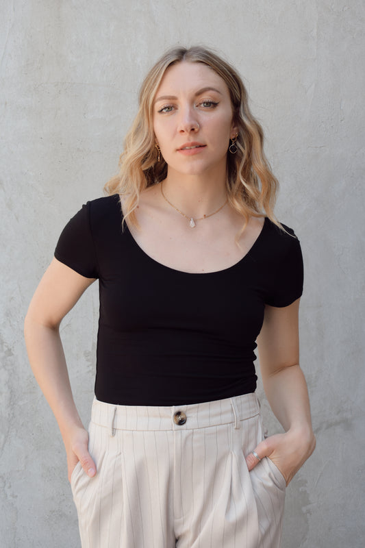 double layered fitted short sleeve top with scoop neckline front and back, full length