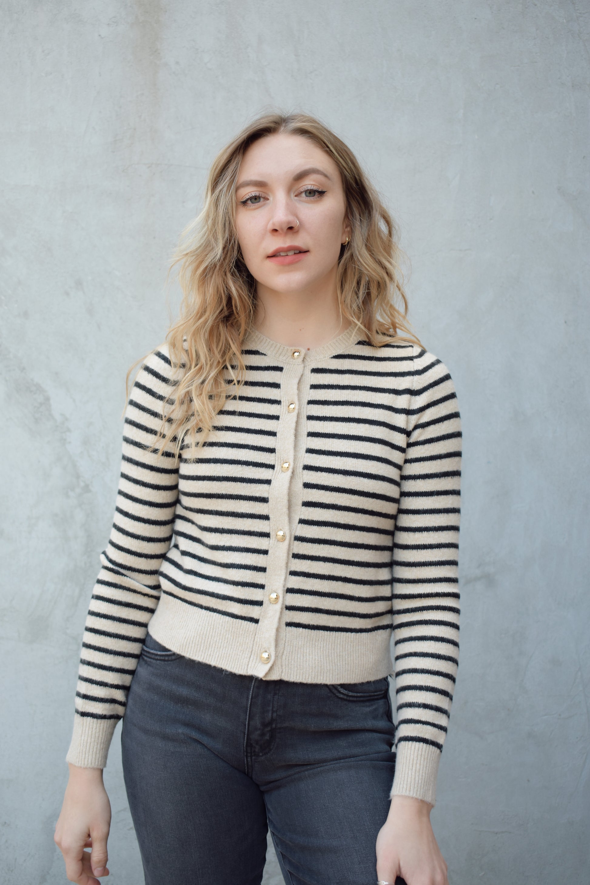 horizontally striped cardigan sweater with gold buttons fitted crew neck