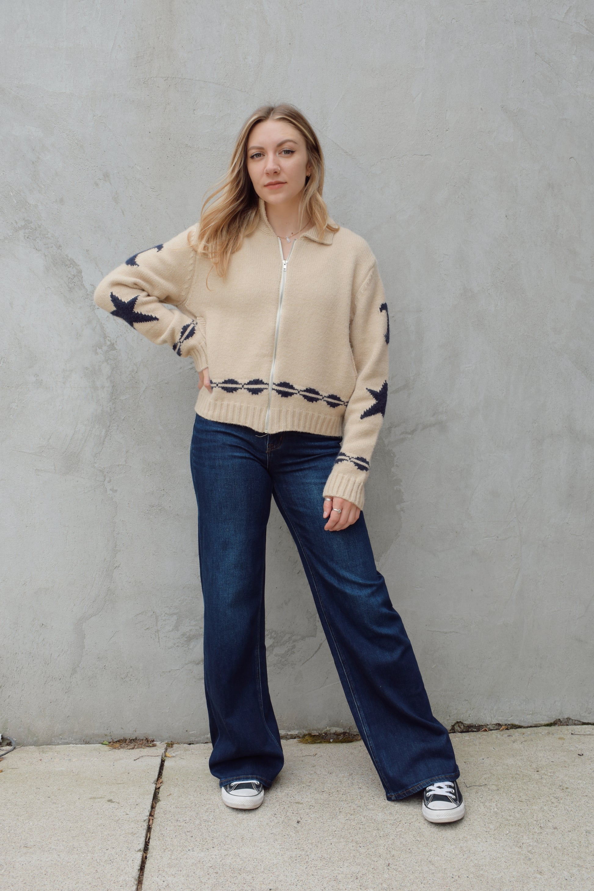 dark wash high rise full length wide leg jeans stretch denim no holes clean hem zip and button enclosure front and back pockets has beltloops