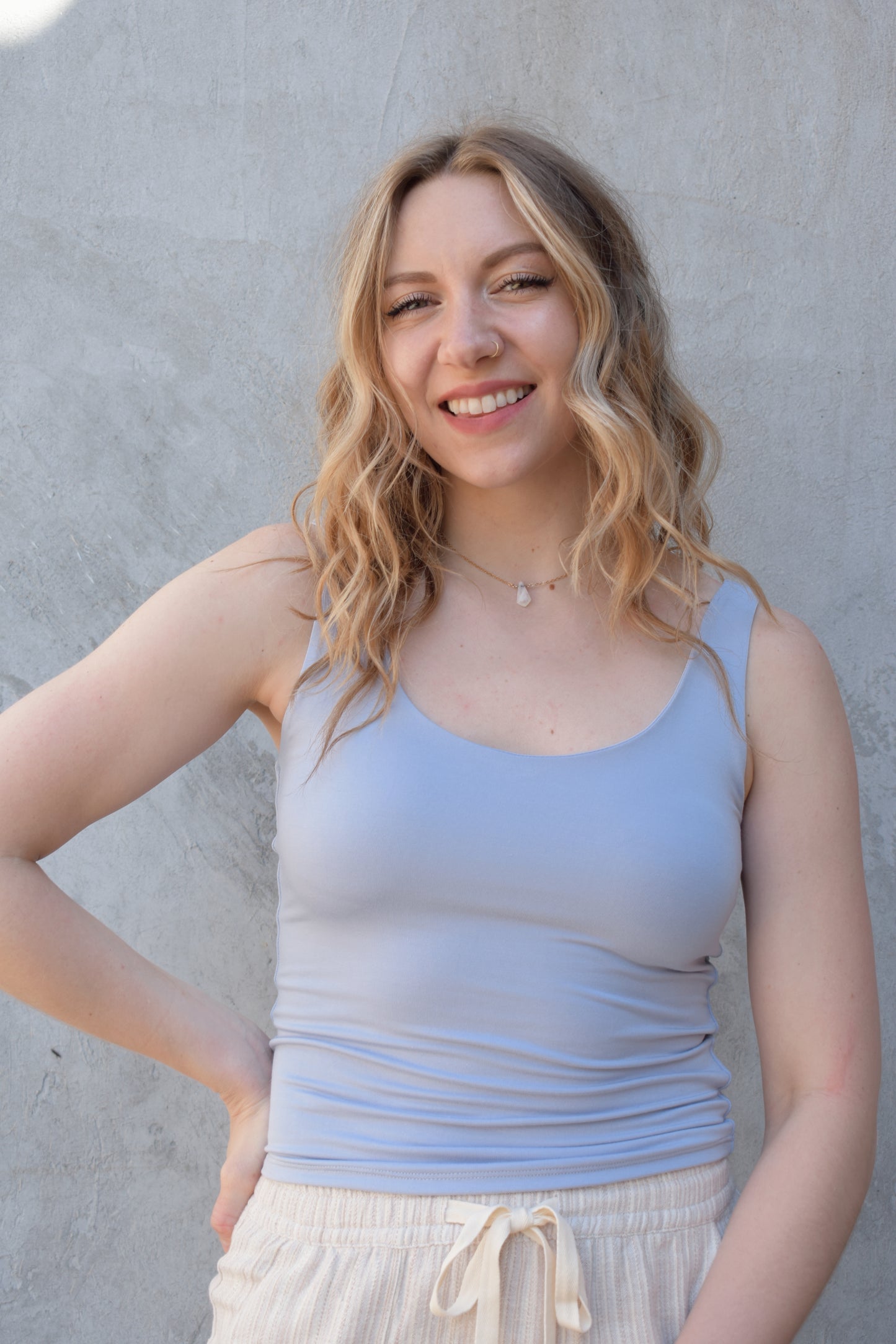 double layered super soft tank top full length fitted scoop neck and scoop back staple piece