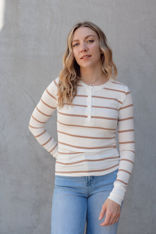 super lightweight long sleeve henley with horizontal stripes, white buttons, crew neck, stretchy and fitted, full length