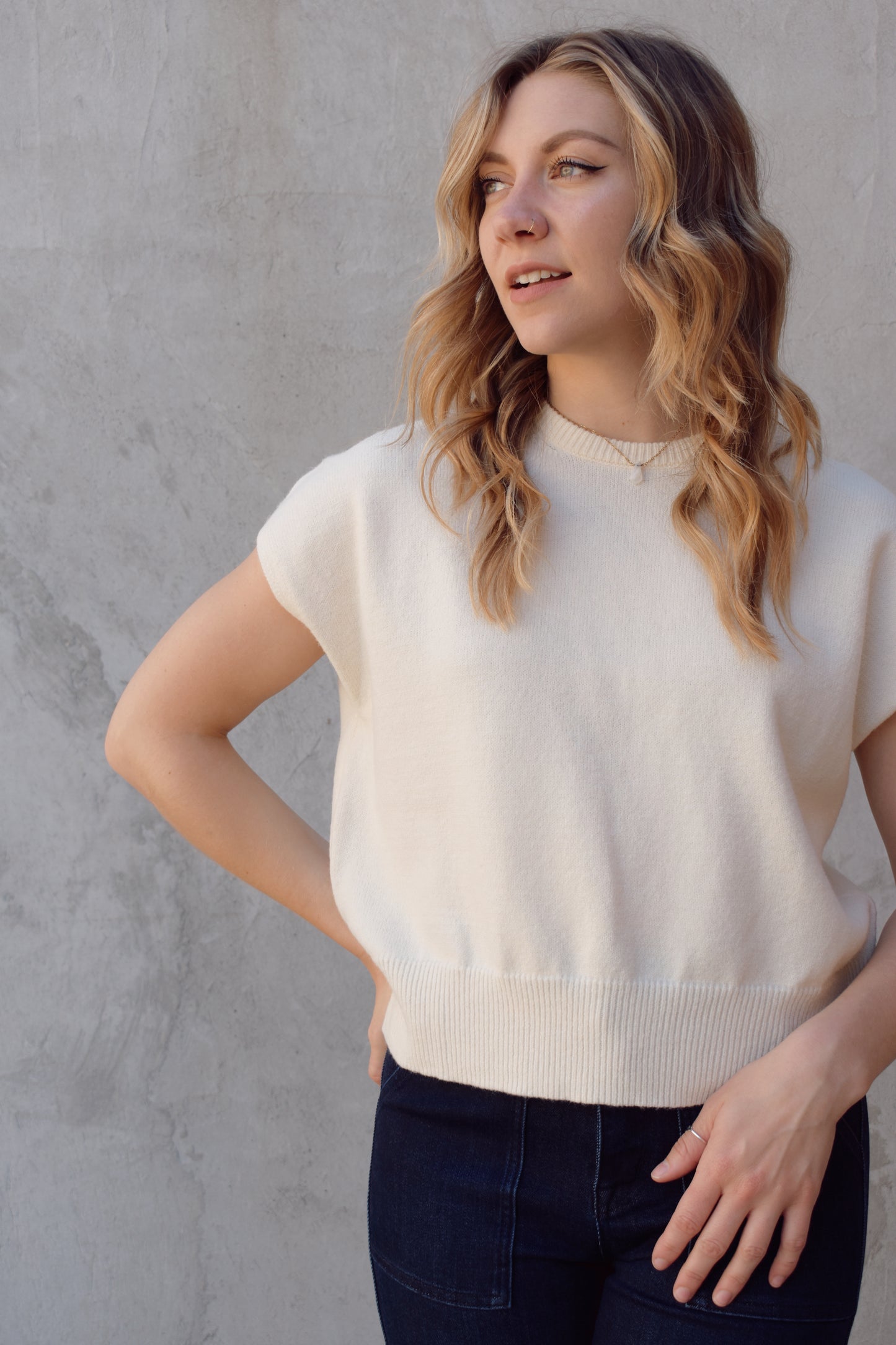 short relaxed cap sleeve style sweater crew neck full length wide ribbed hem